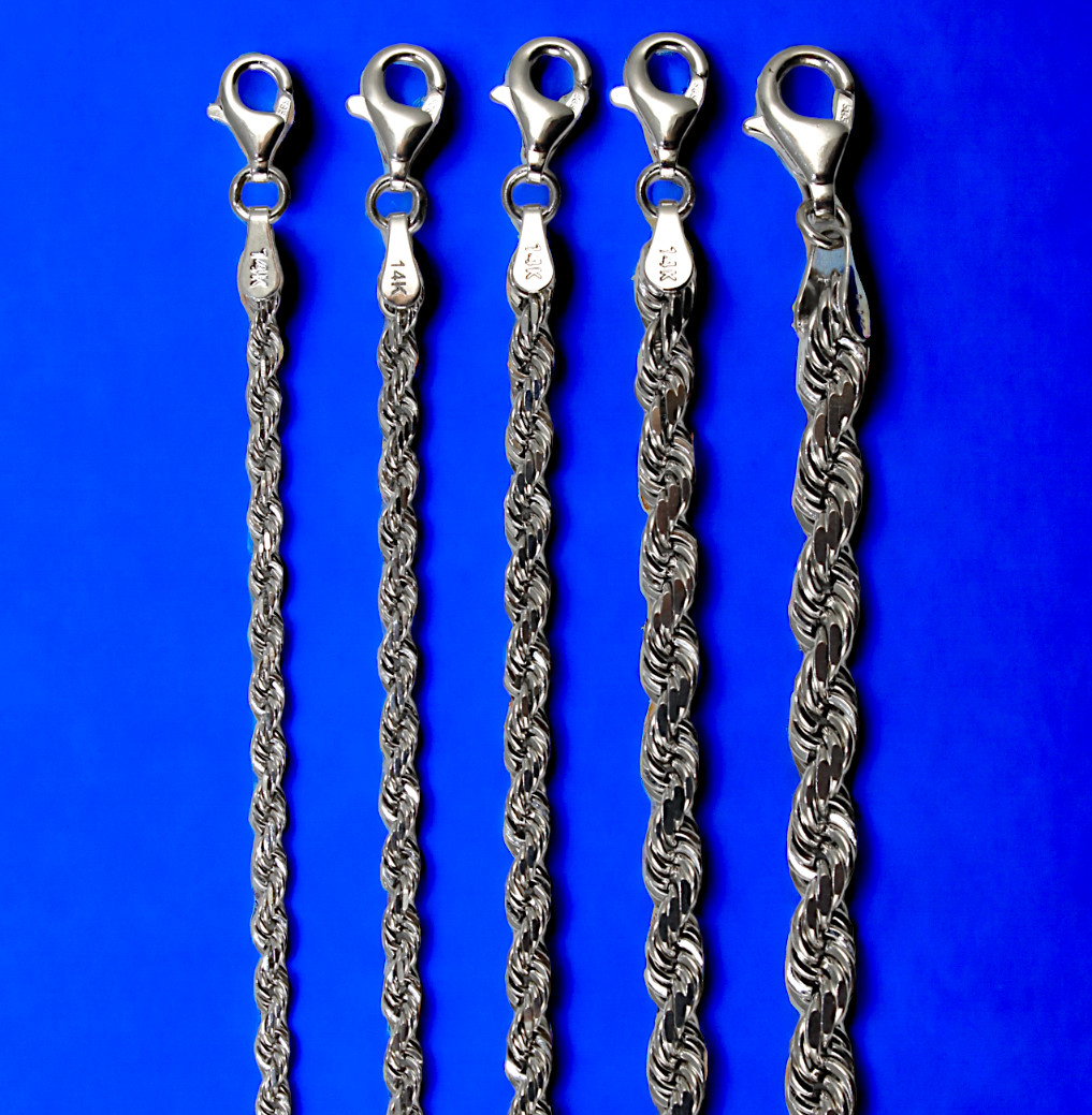 14K White Gold SOLID Rope Chain Necklace Diamond Cut Real 2mm-5mm 16″-30″