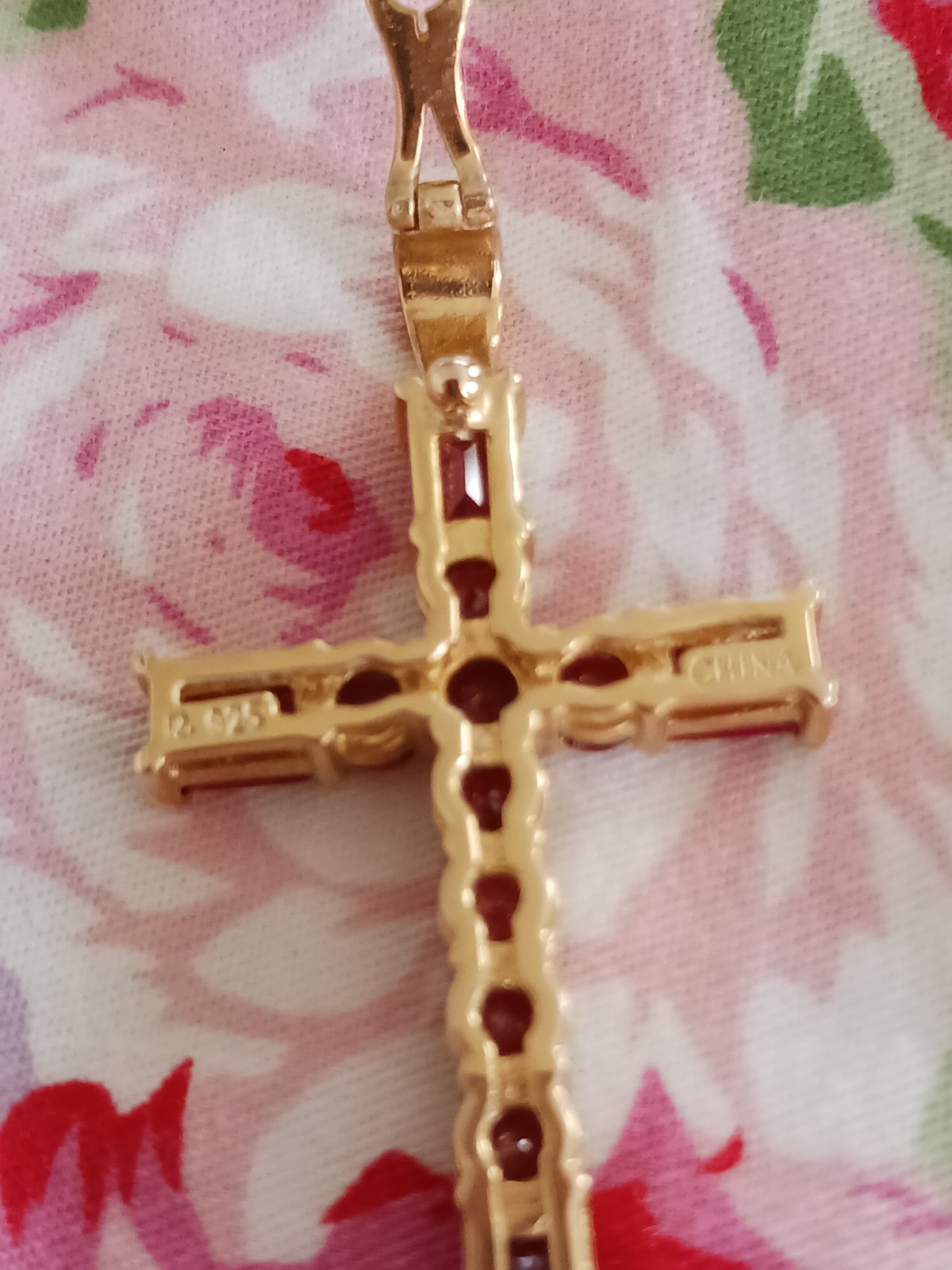 🌸JTV, VERMELLO GARNET, “ENHANCER”, CROSS, DESIGNER, FANCY “R” 18K OVER STERLING
