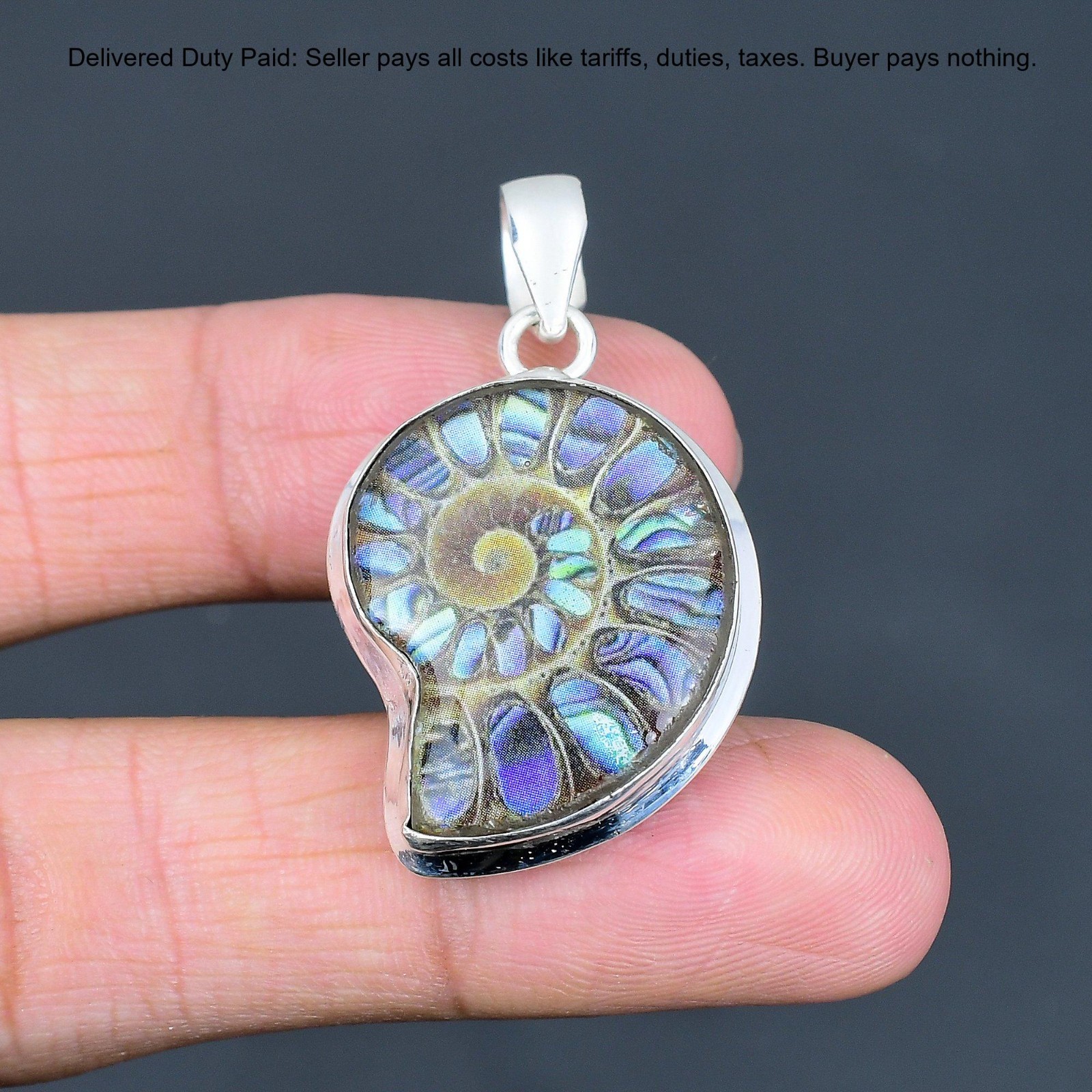 Natural Abalone Shell In Ammonite Doublet Opal Sterling Silver Pendant Jewelry