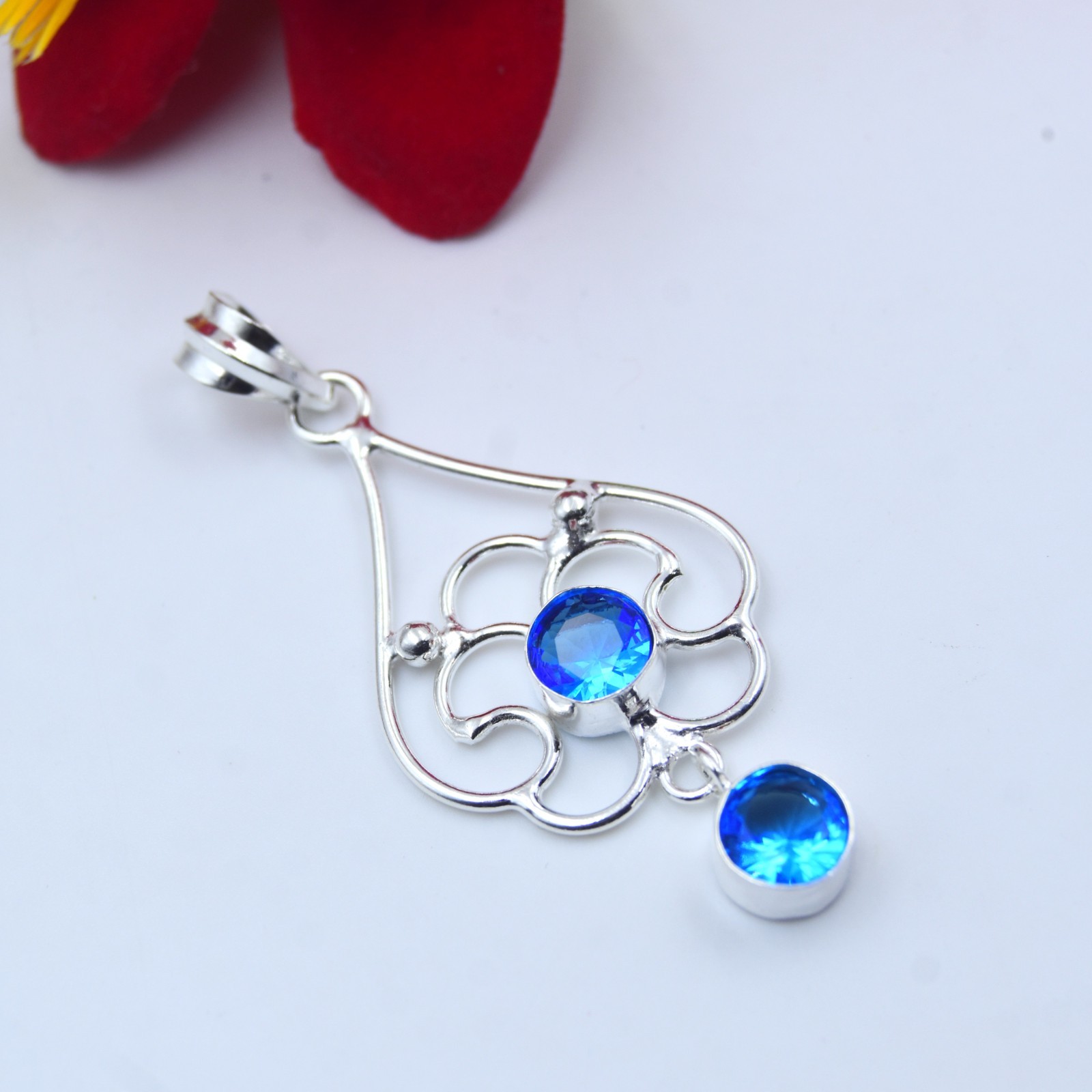 Swiss Blue Topaz Gemstone Handmade 925 Sterling Silver Jewelry Pendant Sz-2.25″