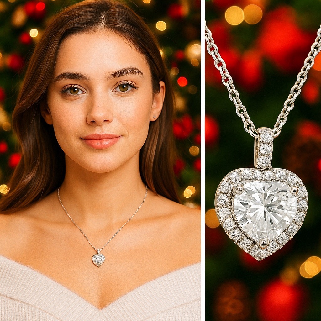 Moissanite Sterling Silver Heart .94 CTW Halo Pendant Necklace 18″ $200 GIFT