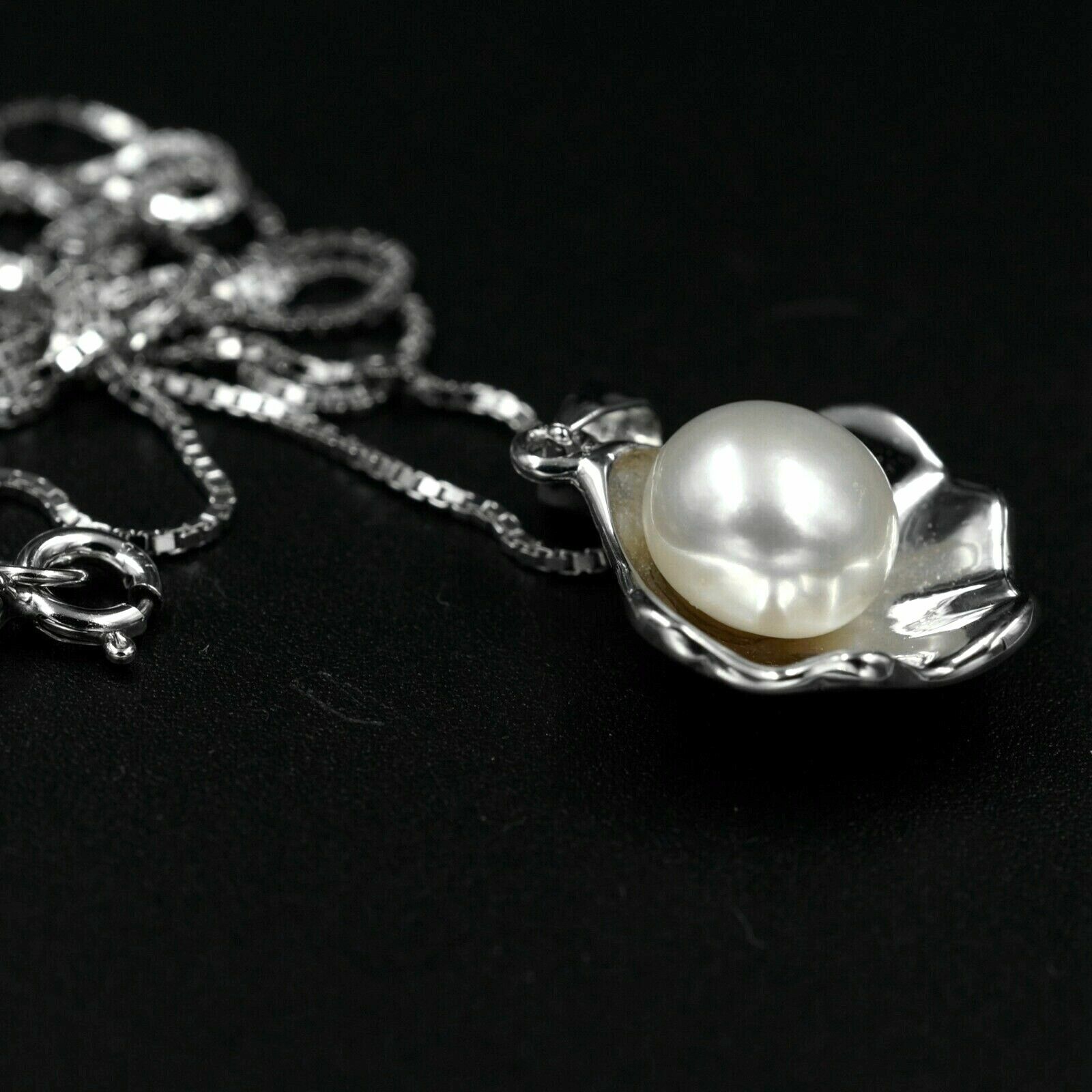 Women Sterling Silver Freshwater Pearl Pendant Necklace Chain Beach Shell 07472