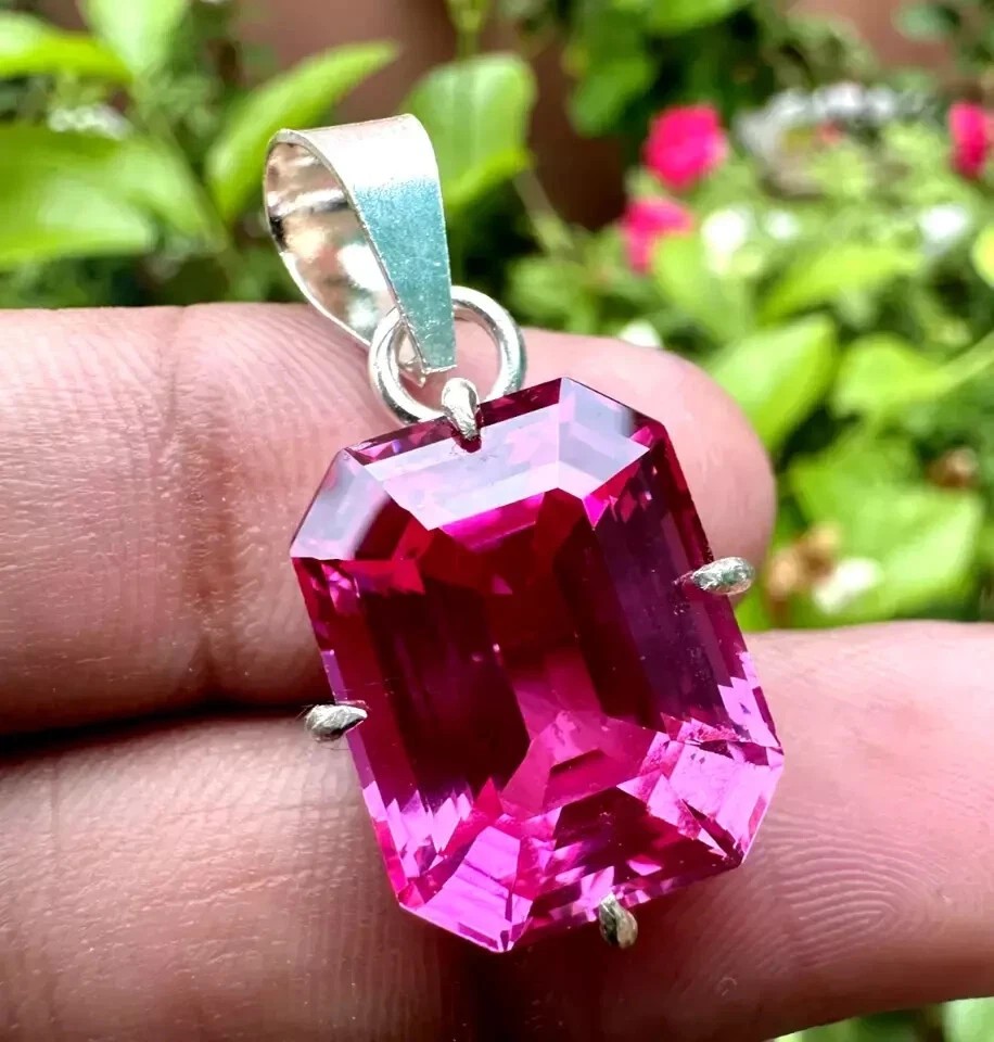 25 CT Natural Pink Emerald Sapphire Cut 925 Solid Silver Gemstone Pendant