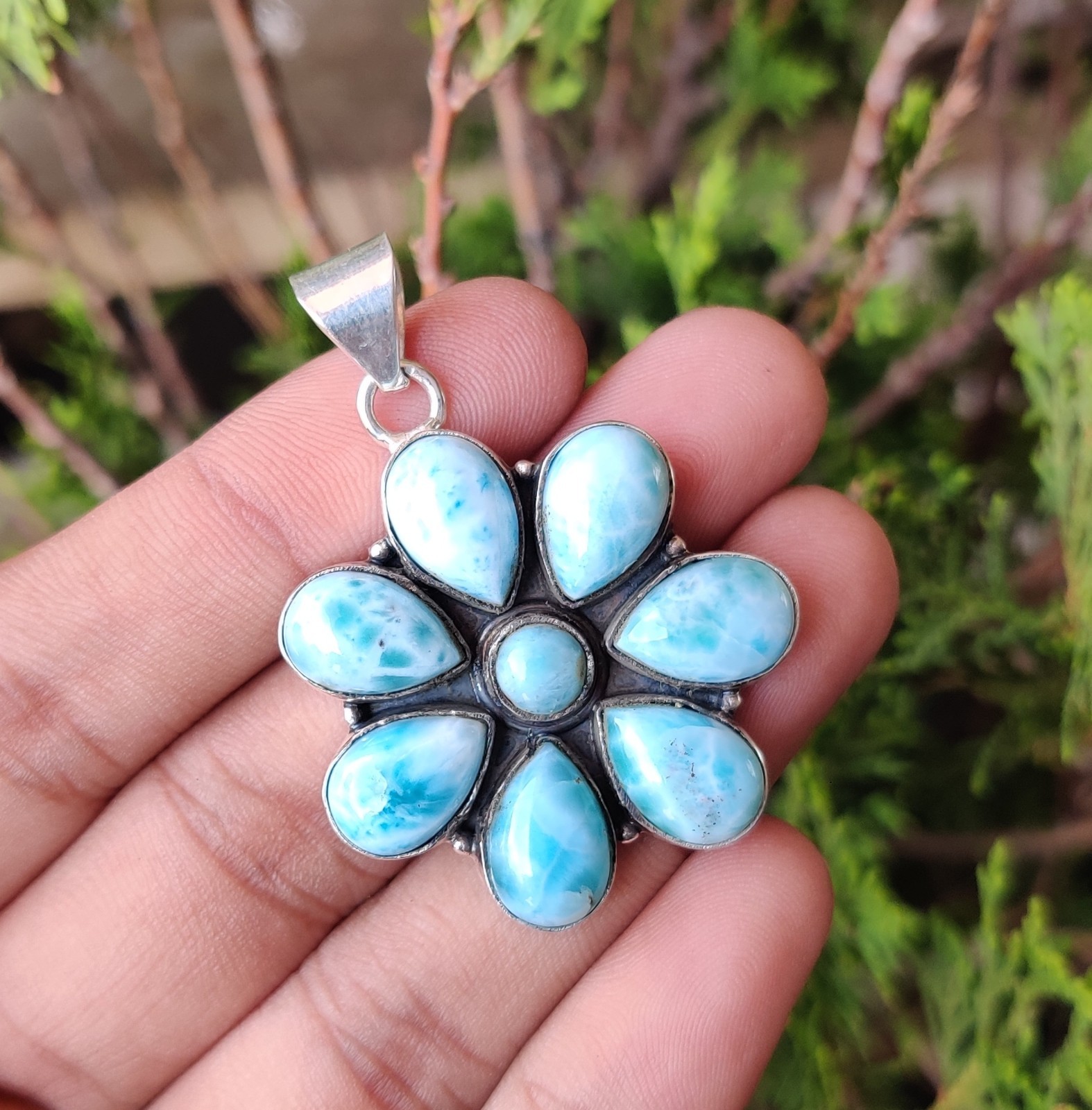Rose Flower Larimar Gemstone Pendant 925 Sterling Silver Beautiful Pendant MK*