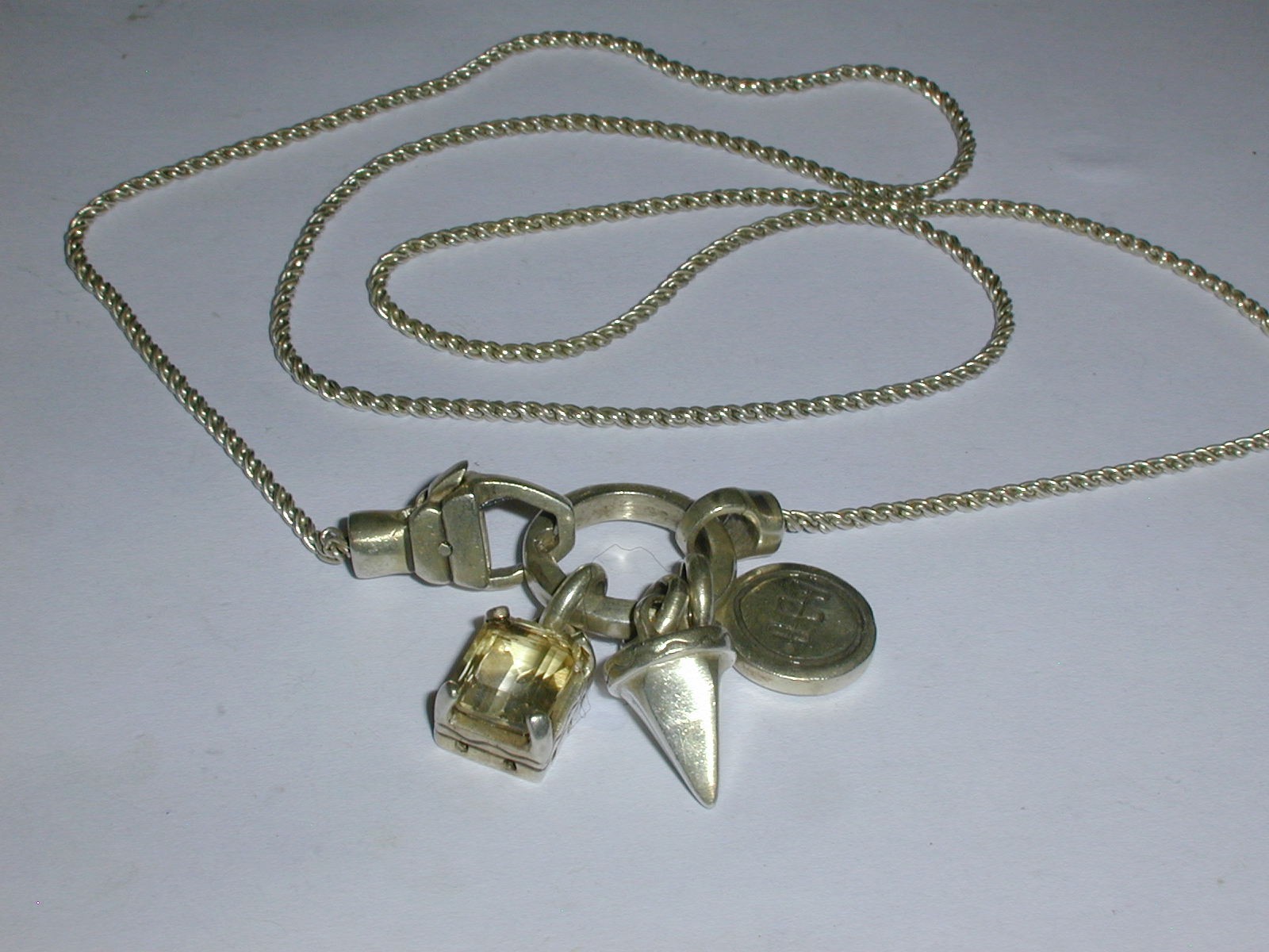 LISA JENKS MODERNIST STERLING 3 DANGLE LONG NECKLACE W/RING & CITRINE STONE- 24″