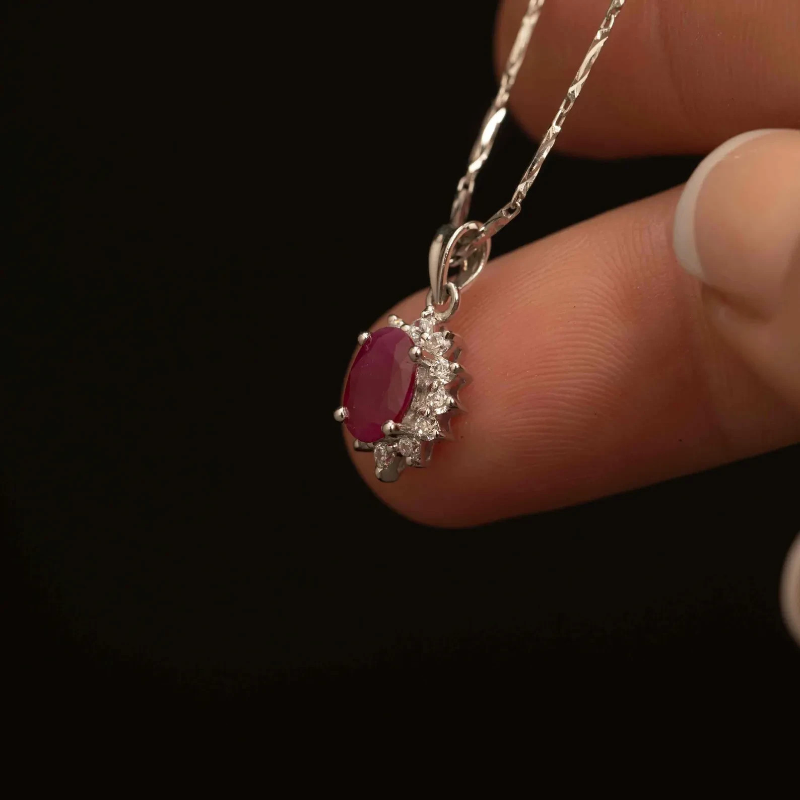 1.10Ct Ruby Gold Pendant, 14K White Gold Real Red ruby Oval Gemstone and Diamond