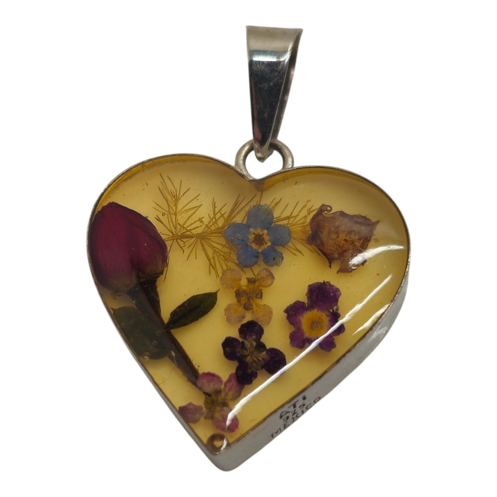 ATI 925 Sterling Dried Flower Resin Heart Pendant 2.44g Mexico