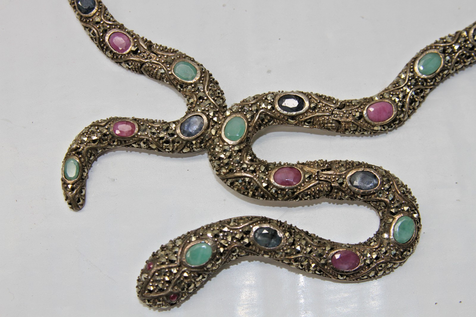 Ruby, Emerald, Sapphire, Marcasite Snake Necklace 925 Sterling Silver 77g