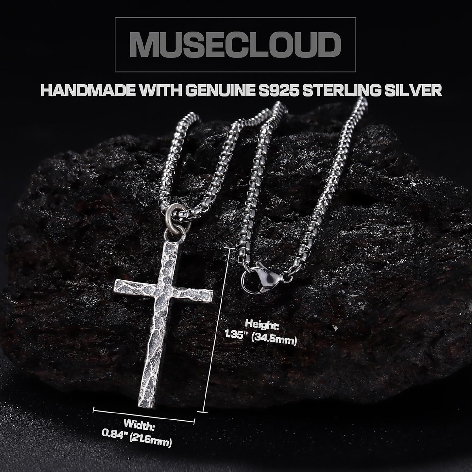 925 Sterling Silver Cross Necklace Men – Oxidized Hammered Cross Pendant with St