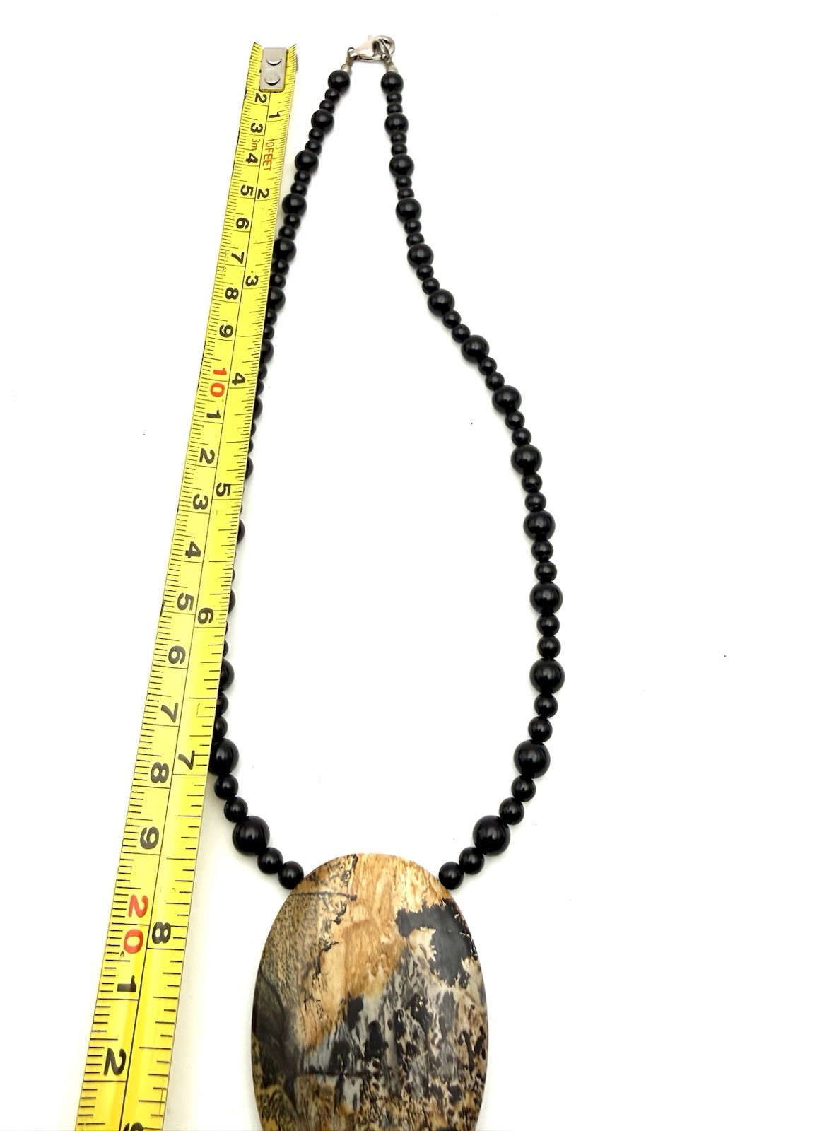 Dendritic Picture Jasper Pendant 925 Clasp Necklace. Black Gemstone Beaded 18”