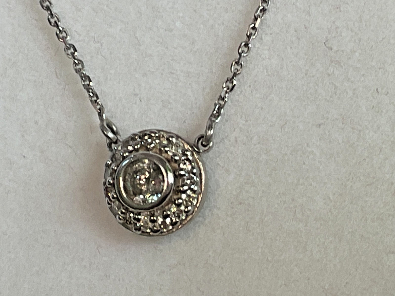 14k Diamond Halo Pendant Necklace – Bezel Set Center Stone, Pave Surround