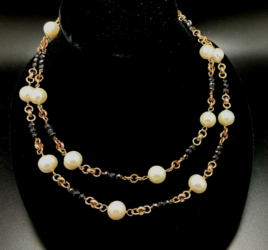 HONORA WHITE PEARL & BLACK BEAD NECKLACE BRONZE MILOR ITALY NEW IN BOX