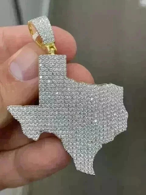 2Ct Real Moissanite Men Texas Map Pendant 14K Two Tone Gold Plated Silver