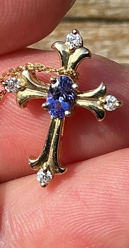 AMORO 14K Gold Cross Pendant & Chain 2.5g TW Diamond Sapphire? EXCELLENT