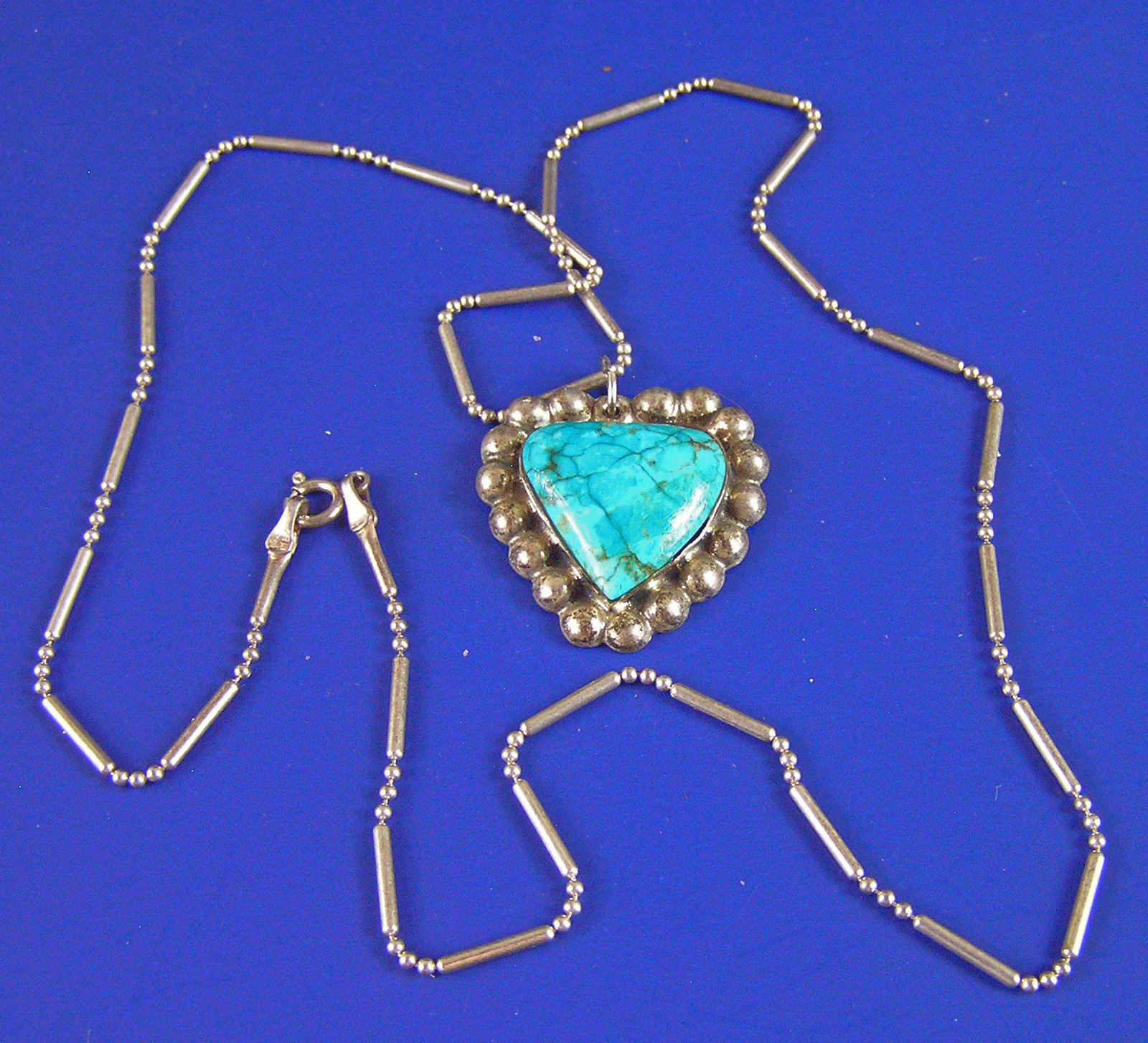 Sterling Silver THAILAND 925 Turquoise Heart Pendant Bar Bead Chain Necklace (Tc