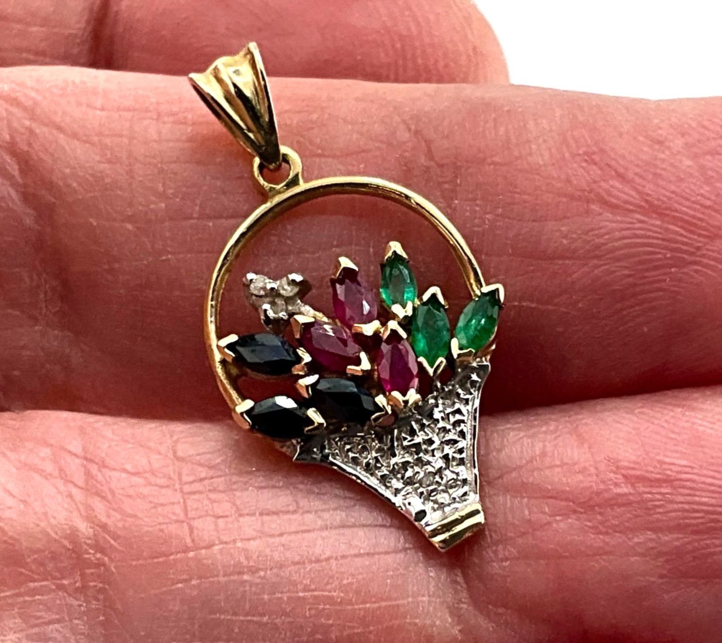 Vintage Minimalist 10k Gold Flower Basket Pendant Ruby Emerald Sapphire Diamond