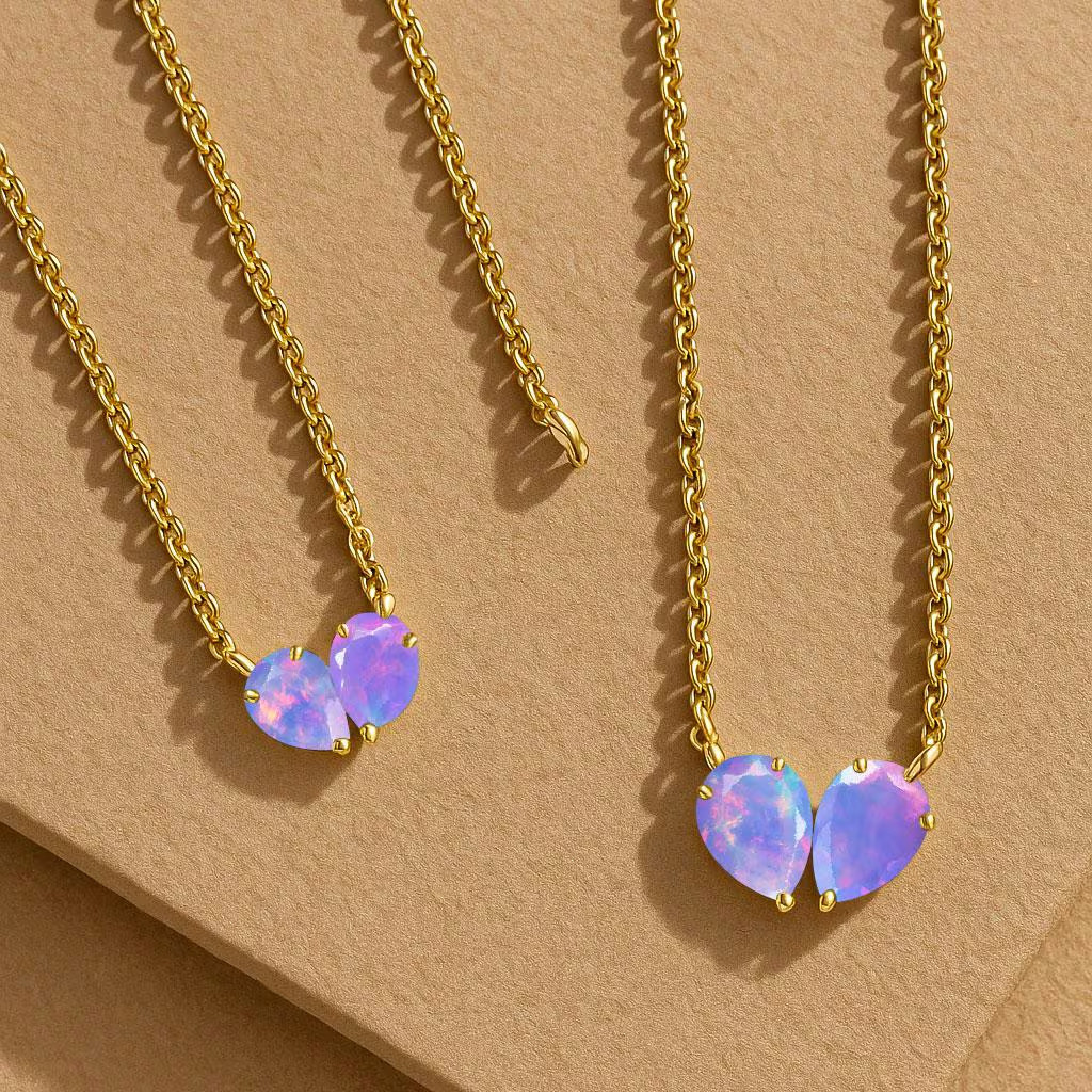 Lavender Opal Dual Pear Gemstone Necklace, Genuine Opal Chain Pendant Necklace