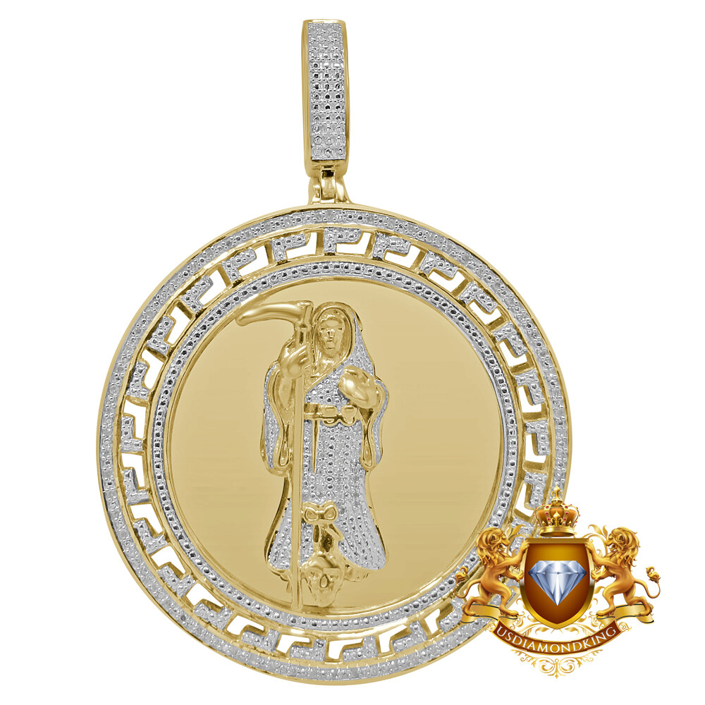 Genuine Diamond Santa Muerte Angel of Death Grim Reaper Pendent Gold Tone Charm