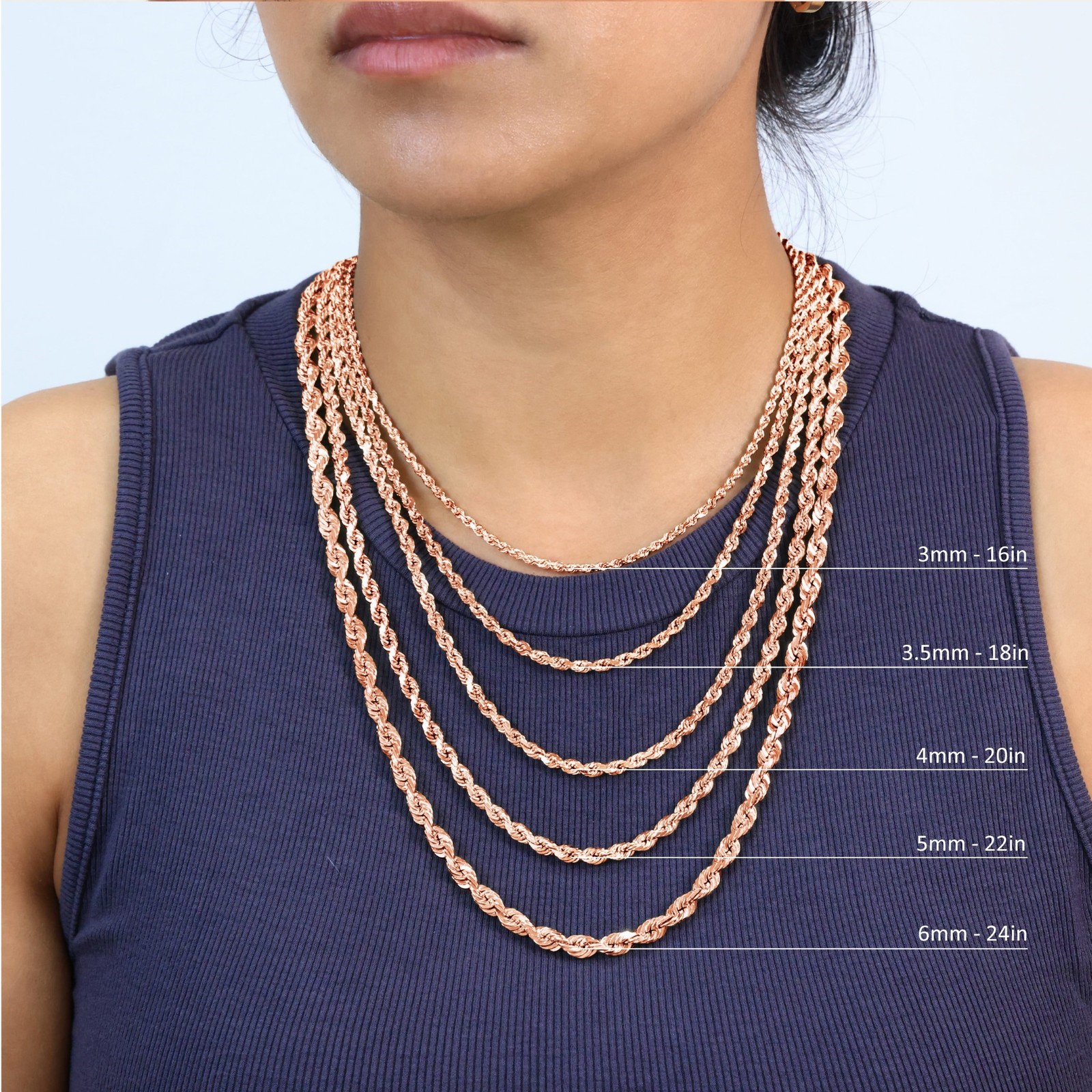 10K Rose Gold 1.5mm-6mm Diamond Cut Rope Chain Necklace Mens Womens 16″-30″