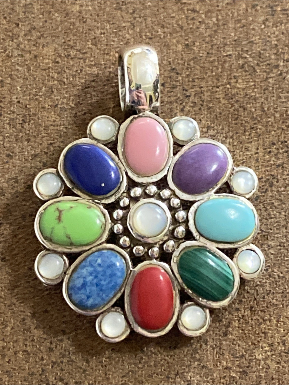 Sterling Silver Multi-Color Flower Necklace Pendant Signed SX 925 Thailand