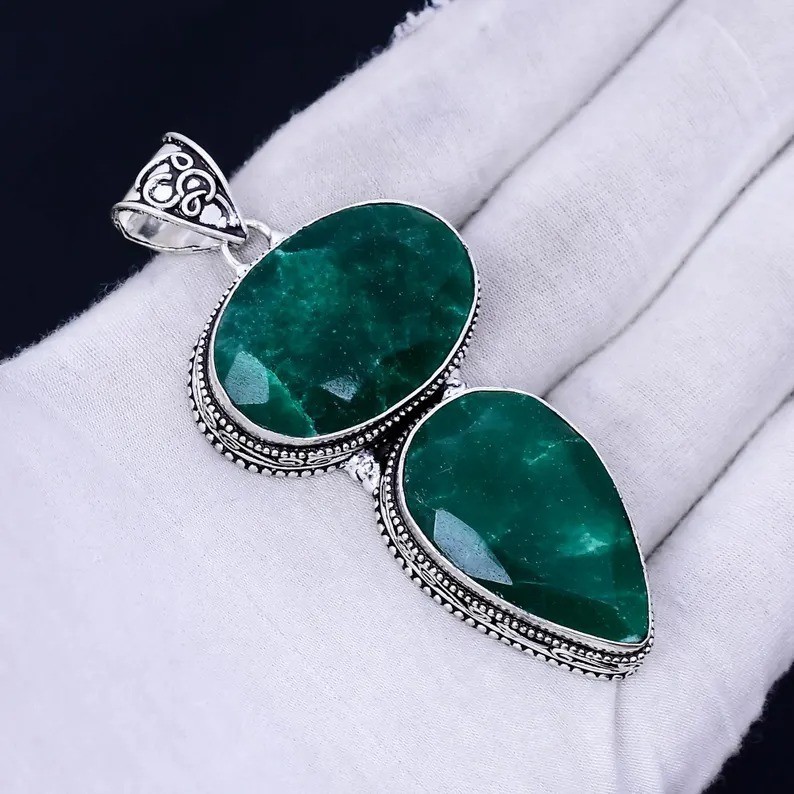 Emerald Gemstone Drop Pendant 925 Sterling Silver Handmade Jewelry For Gift