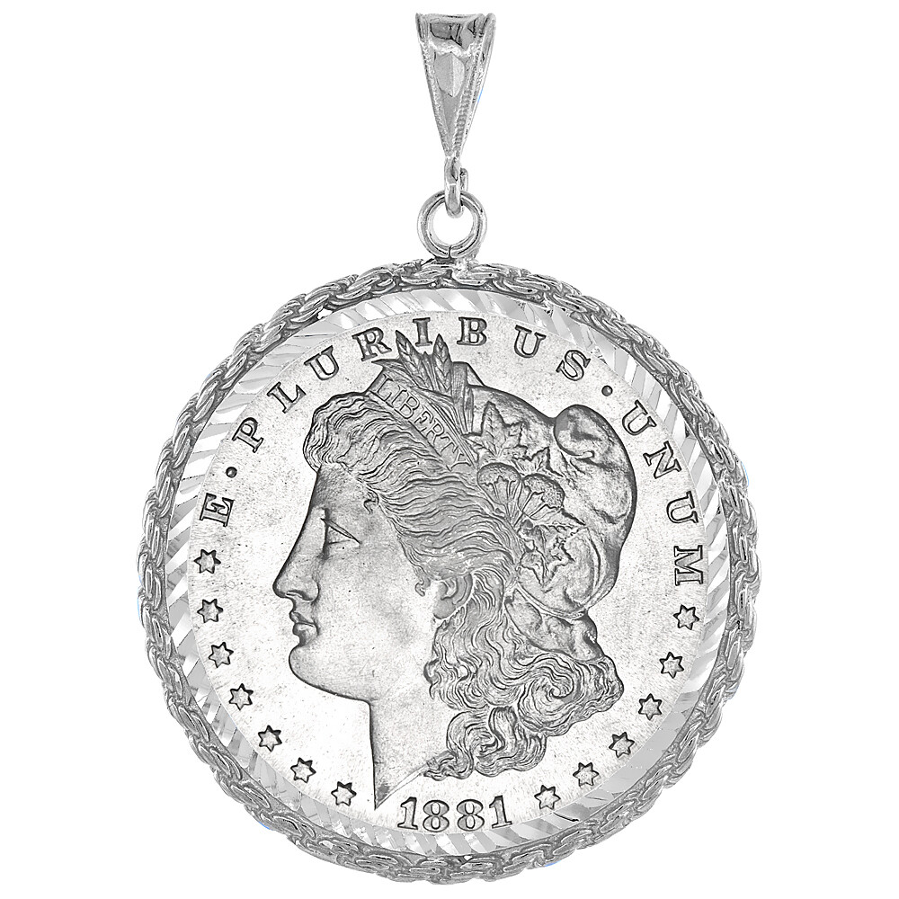 Sterling Silver Dollar Coin Rope Bezel 38 mm Coins Prong Back Diamond Cut Shiny