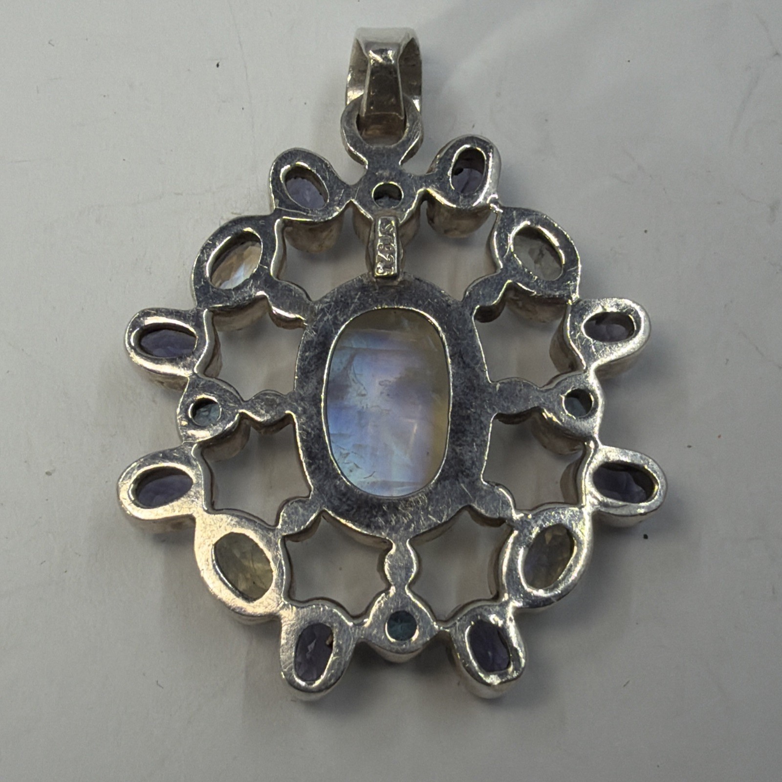 Sterling Silver SJ 925 Moonstone Amethyst Topaz Multi Gem Large Pendant Unique