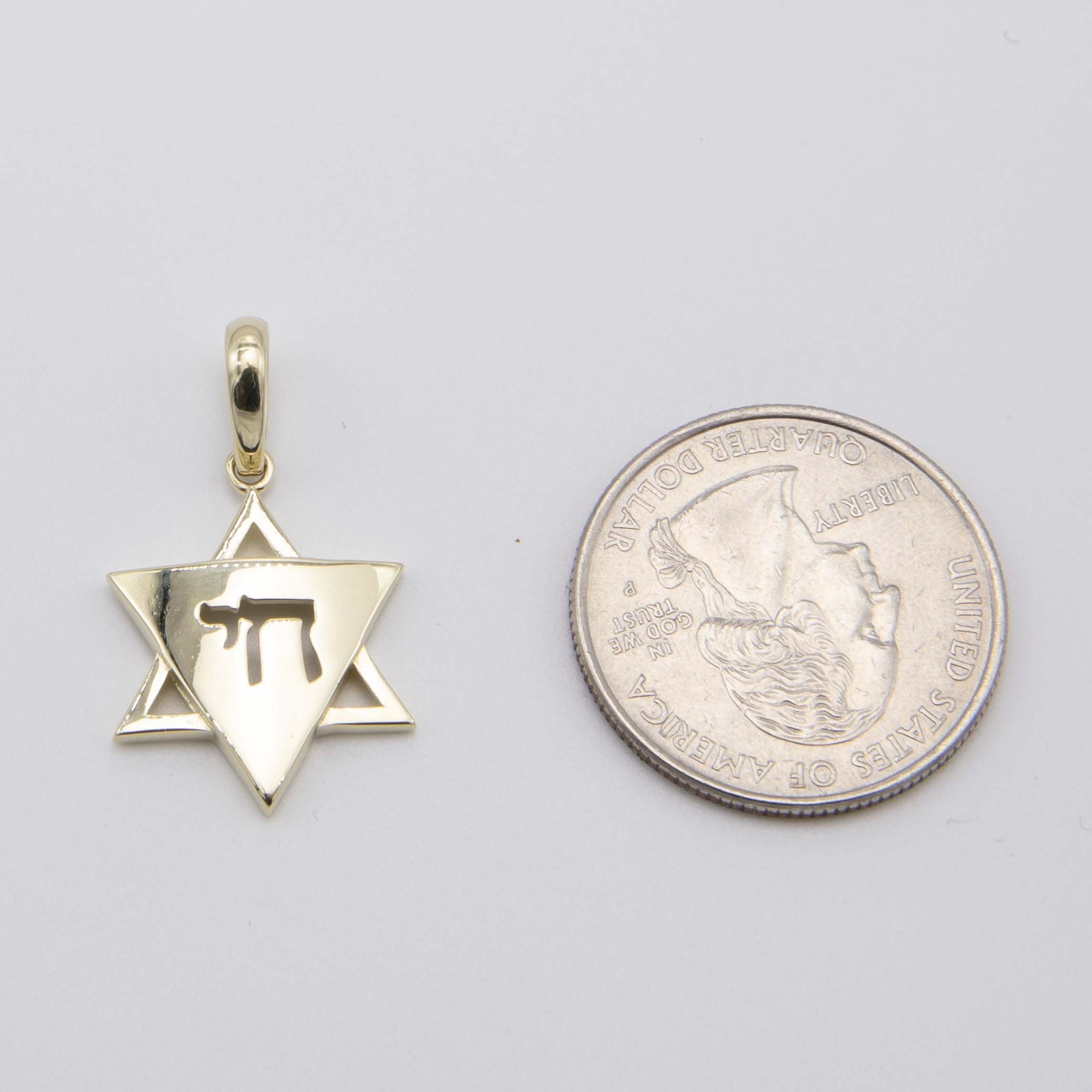 10K Yellow Gold 1 1/4″ Shiny Star of David with Chai Pendant