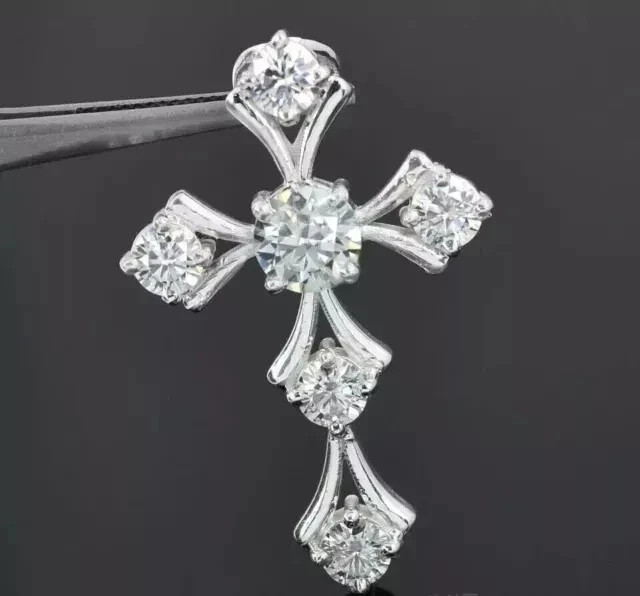 2.20Ct Round Cut Real Moissanite Women’s Cross Pendant 14K White Gold Plated