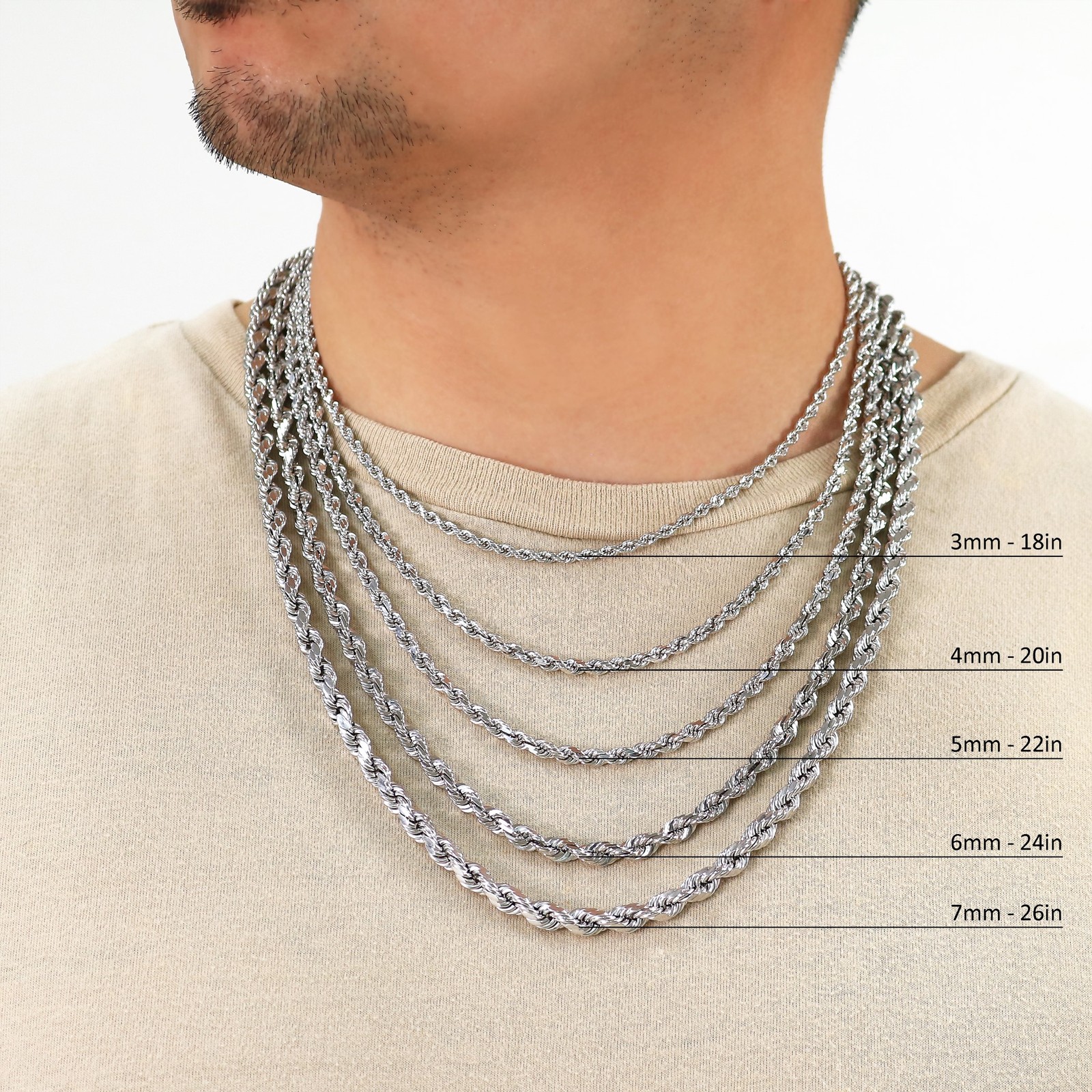 10K White Gold 1.5mm-6mm Diamond Cut Solid Rope Chain Pendant Necklace 16″- 30″