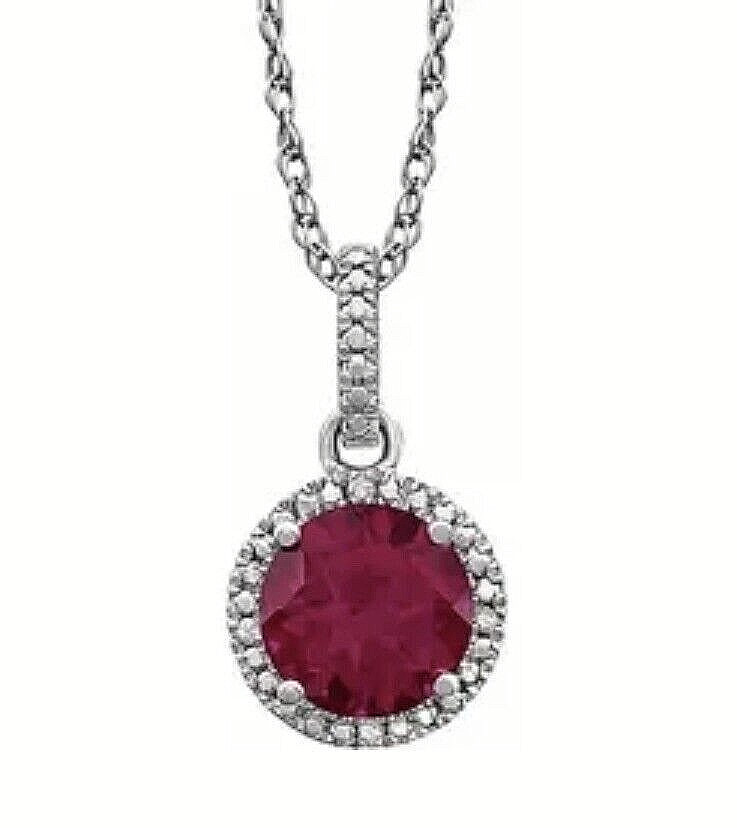 14K White Gold Diamonds & Lab Created Red Ruby Halo Style Necklace & Pendant Set