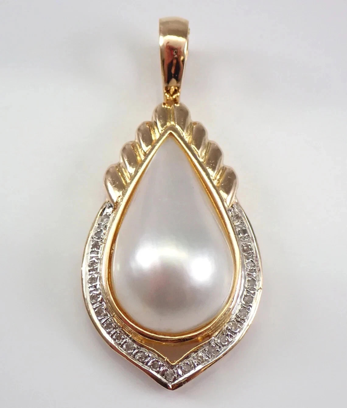 Vintage 14K Yellow Gold Plated Pearl and Moissanite Enhancer Pendant Free Chain