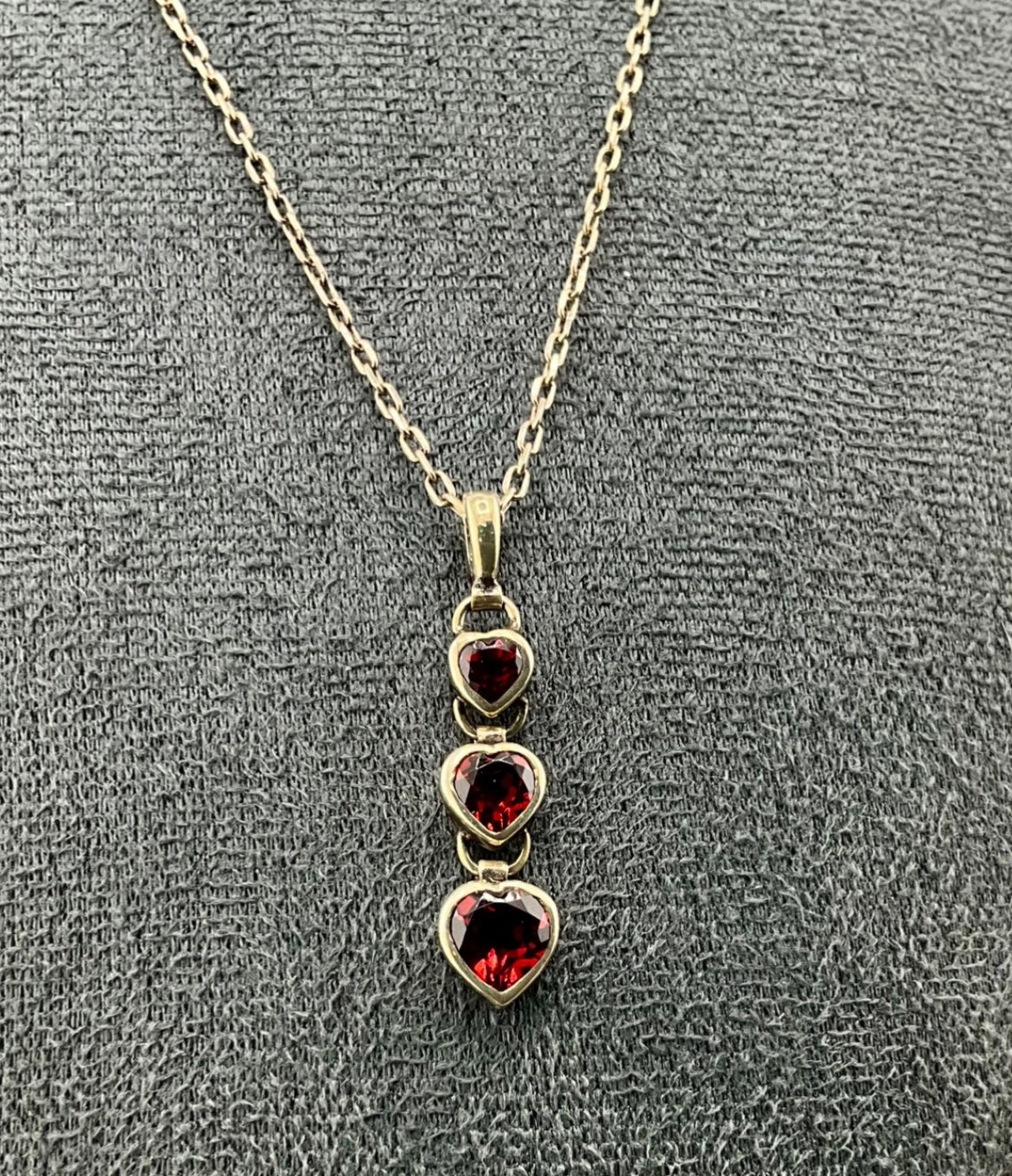 Minimalist Sterling Silver Three Heart Pendant Red Garnet with 17” Chain