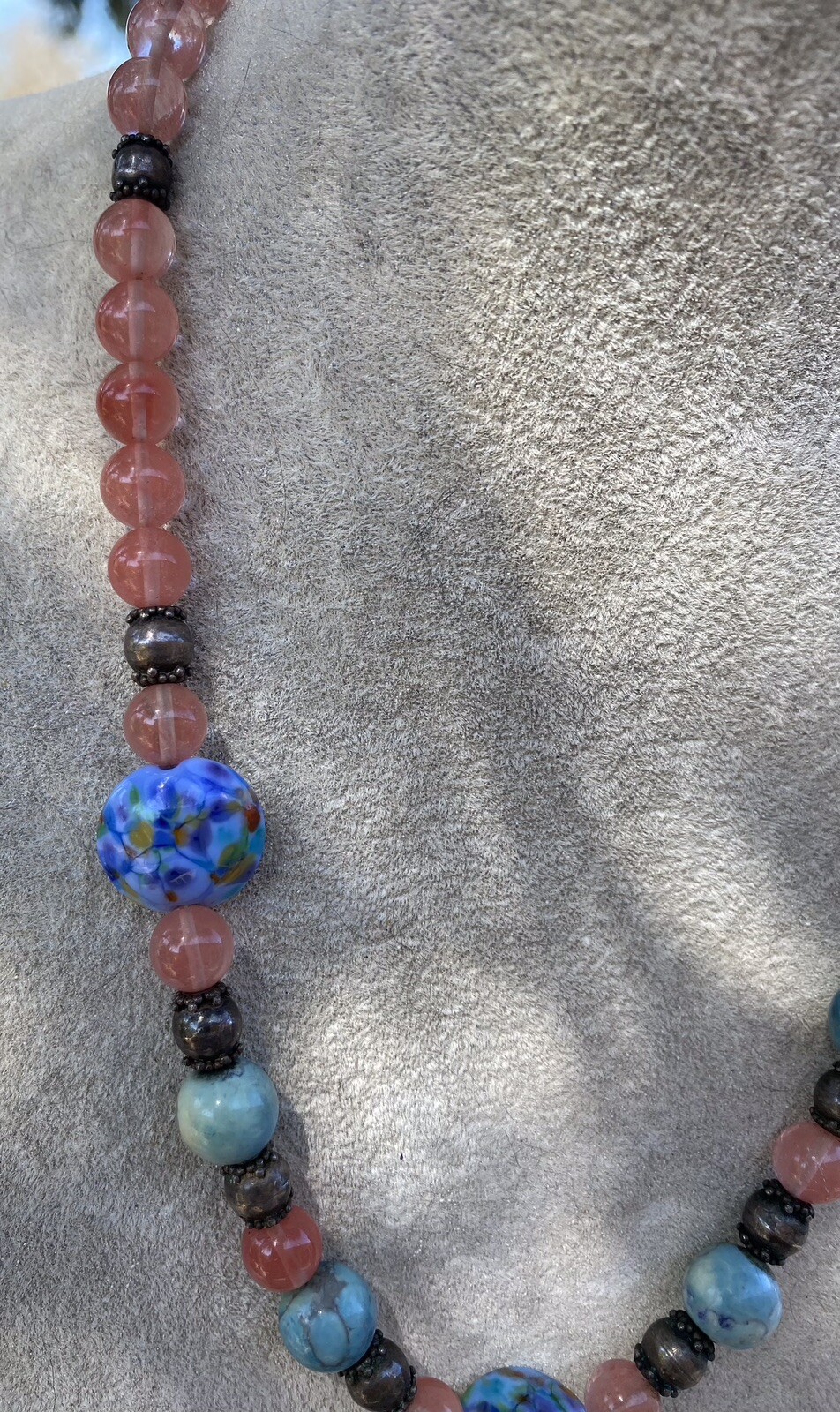 Sterling Silver Quartz Beaded Necklace art glass 18” adjustable Womens