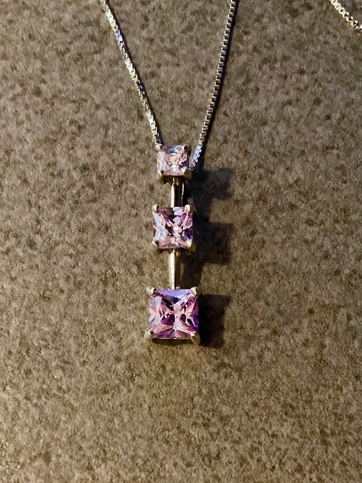Pretty Sterling Pendant/Necklace w/ 3 Pink Stones on 20” Box Chain Excellent!