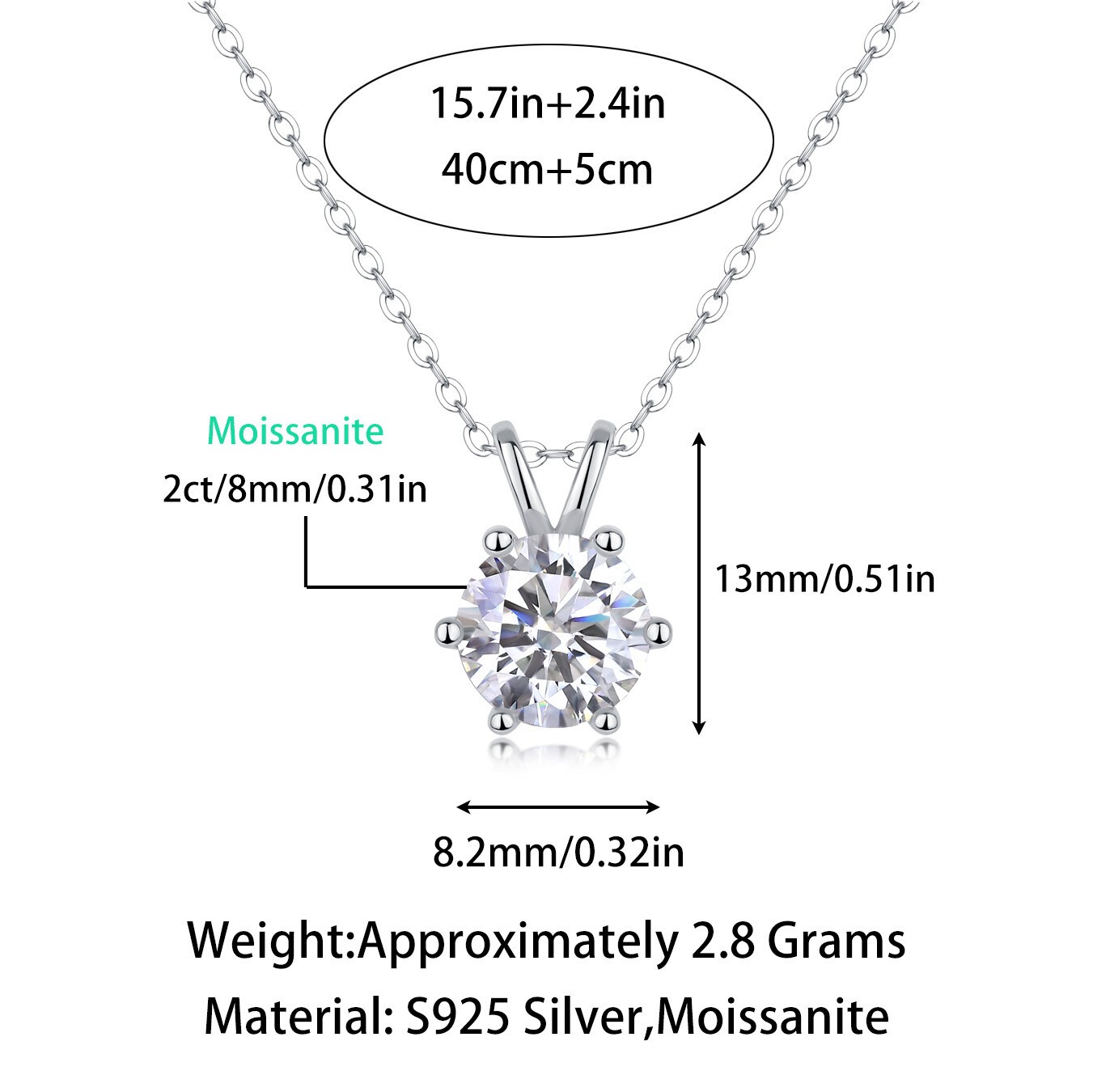 2CT VVS1 Moissanite Pendant Necklace 925 Sterling Silver Wedding Jewelry Women