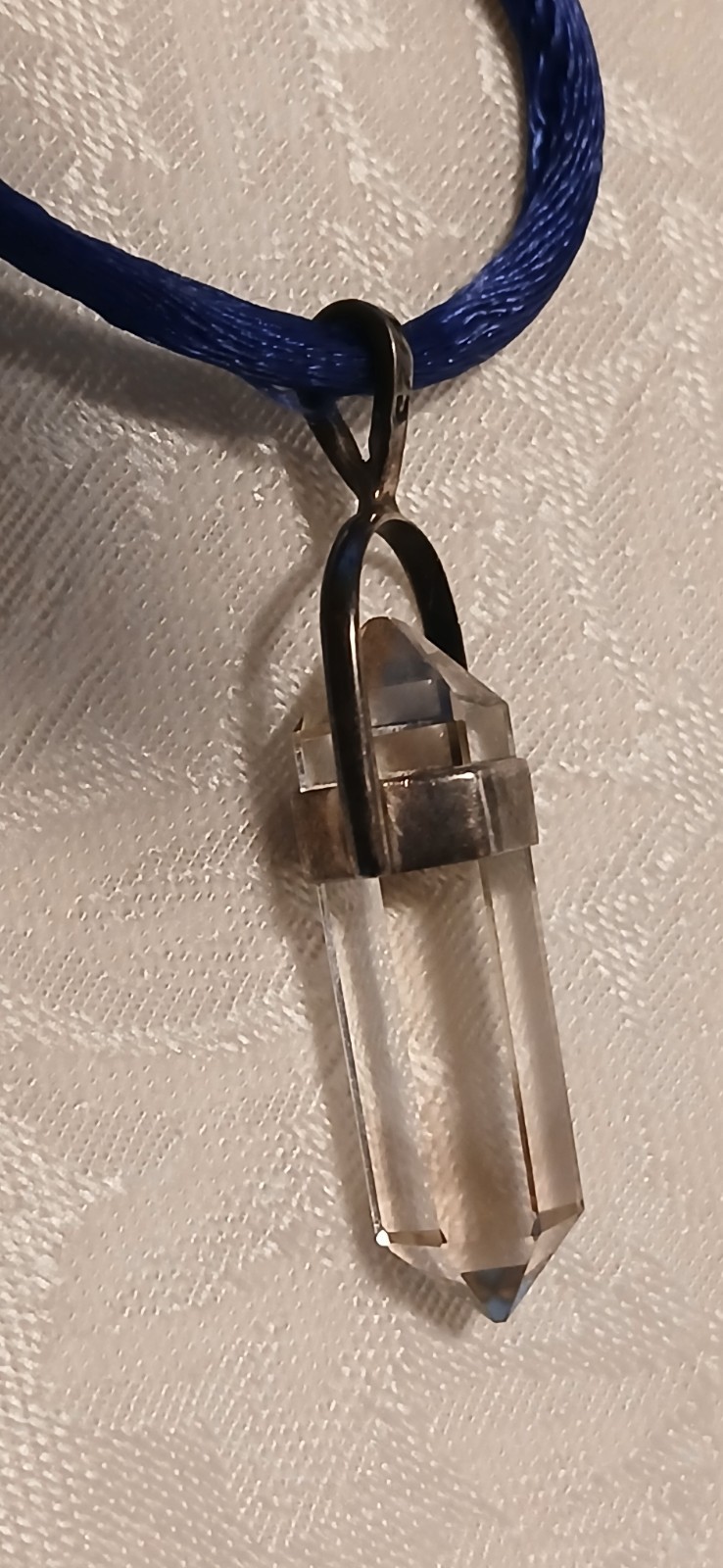 925 Sterling Silver Hexagonal Quartz, Pendant, Blue Satin Cord, Stamps, 11″