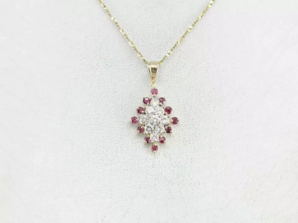 2Ct Cut Diamond & Ruby Cluster Pendant 14K Yellow Gold Finish Free Chain