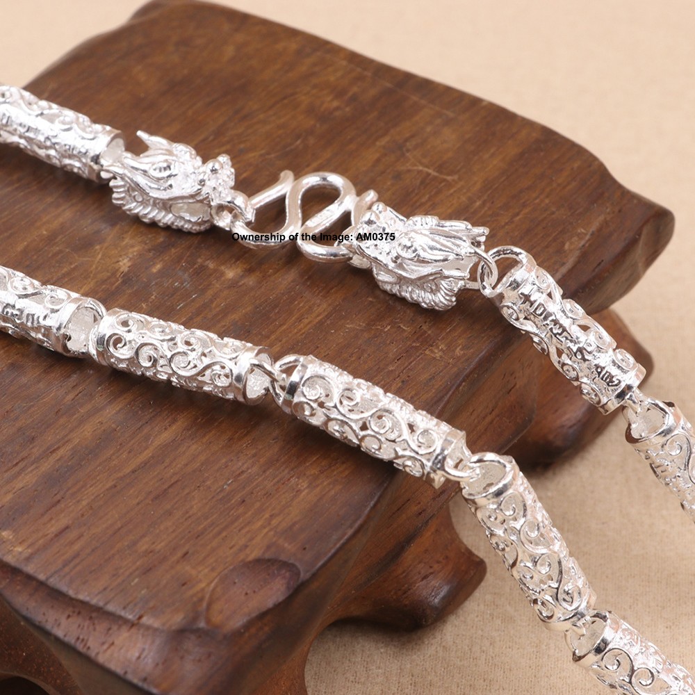 Real 999 Fine Silver Floral Tube Link Chain Necklace 6mm Width Filigree Jewelry