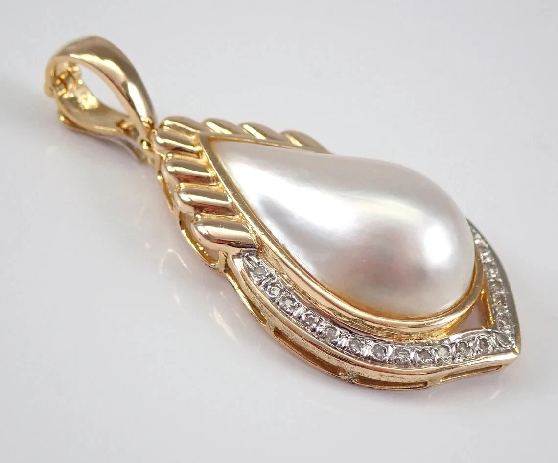 Vintage 14K Yellow Gold Plated Pearl and Moissanite Enhancer Pendant Free Chain