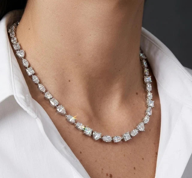 15CT Multi Cut Tennis Necklace Real Moissani 14K White Gold Plated Silver