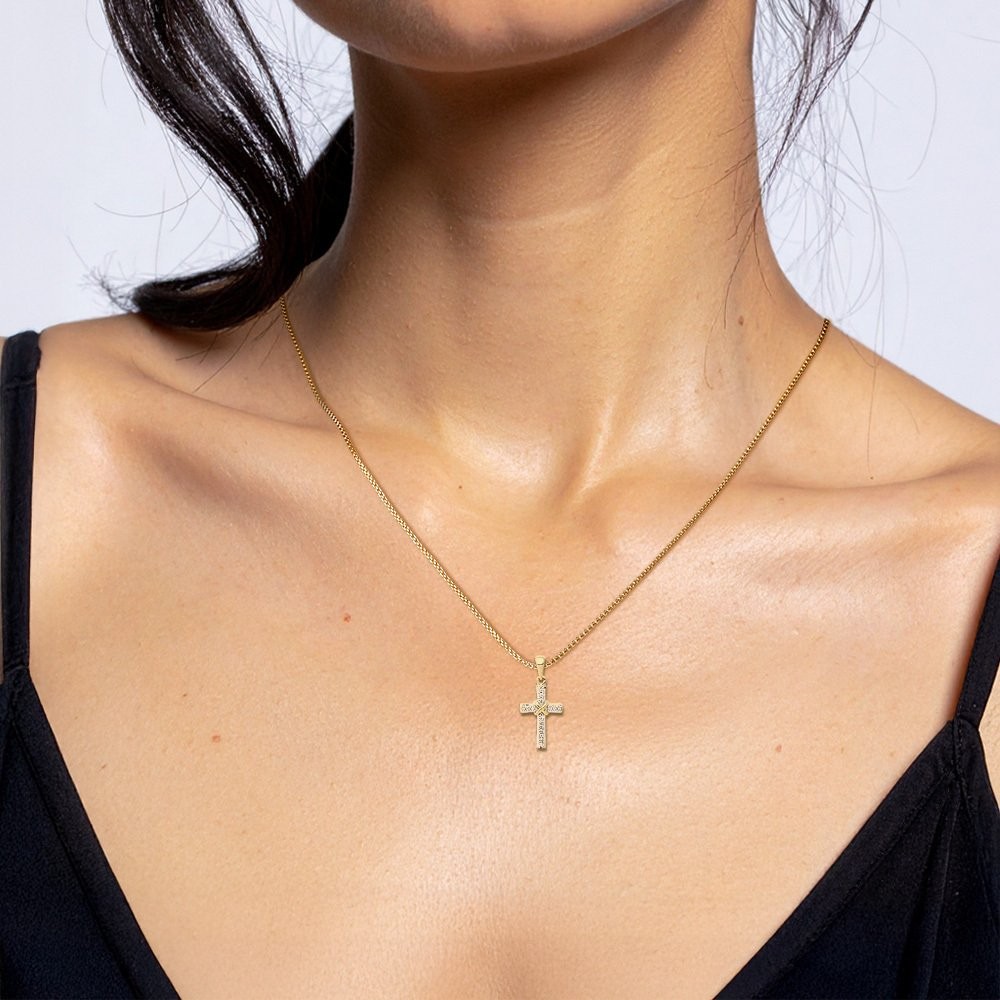 10K Solid Yellow Gold 0.09 ct Diamond Medium Cross Pendant Necklace 23.5mm
