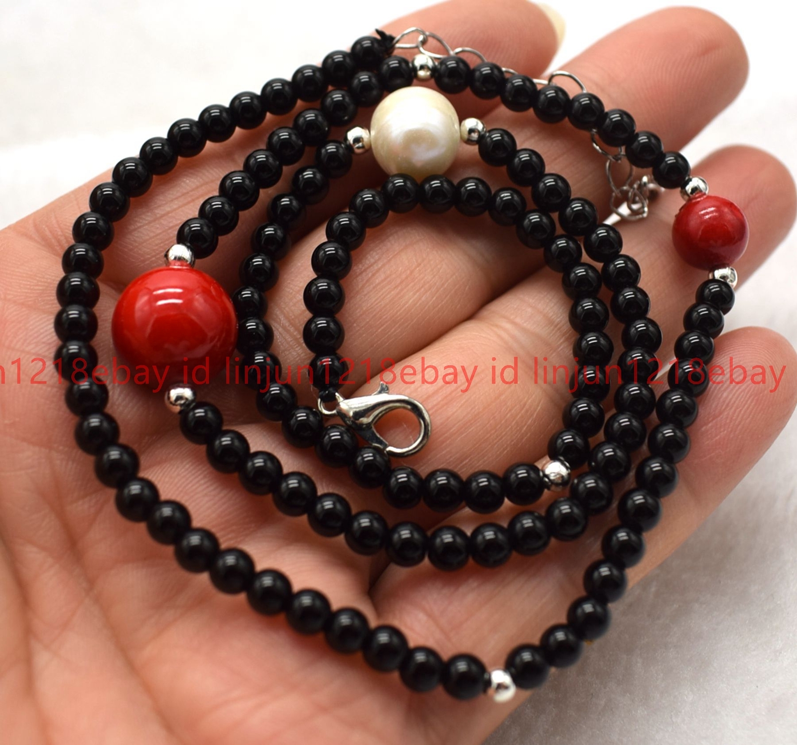 Natural 4mm Black Agate Round Gems Red Coral and White Pearl Necklace 16-28in