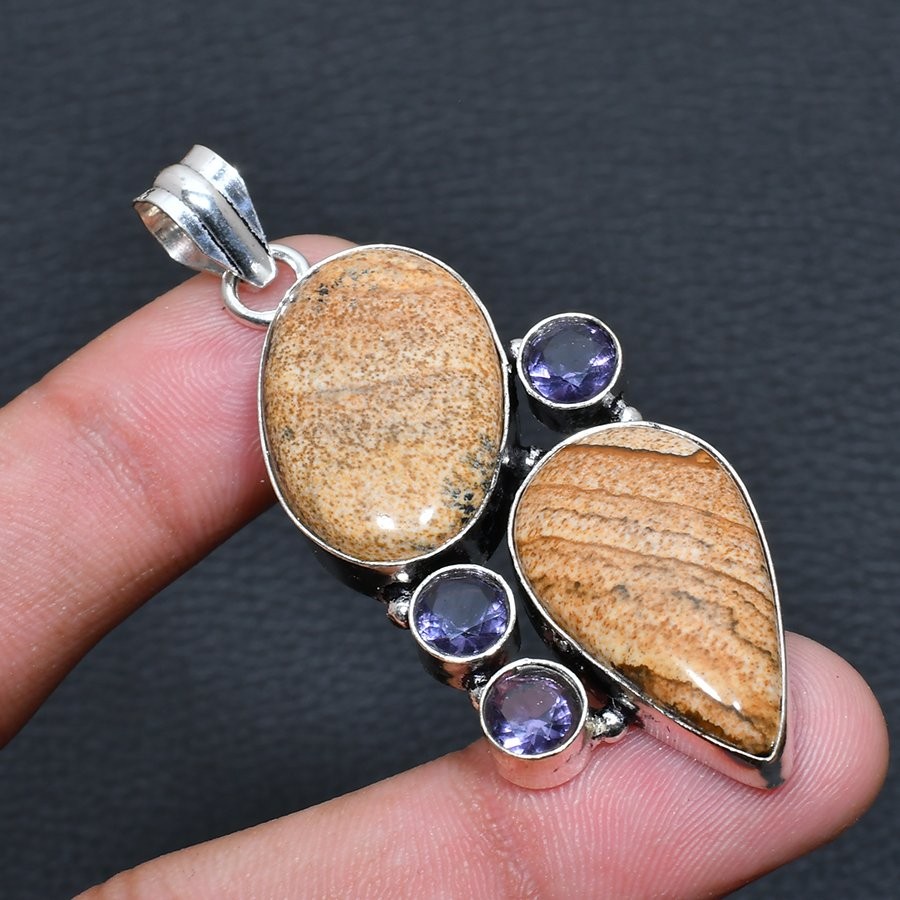 Picture Jasper, Amethyst Handmade 925 Sterling Silver Jewelry Pendant 2.27″ b938