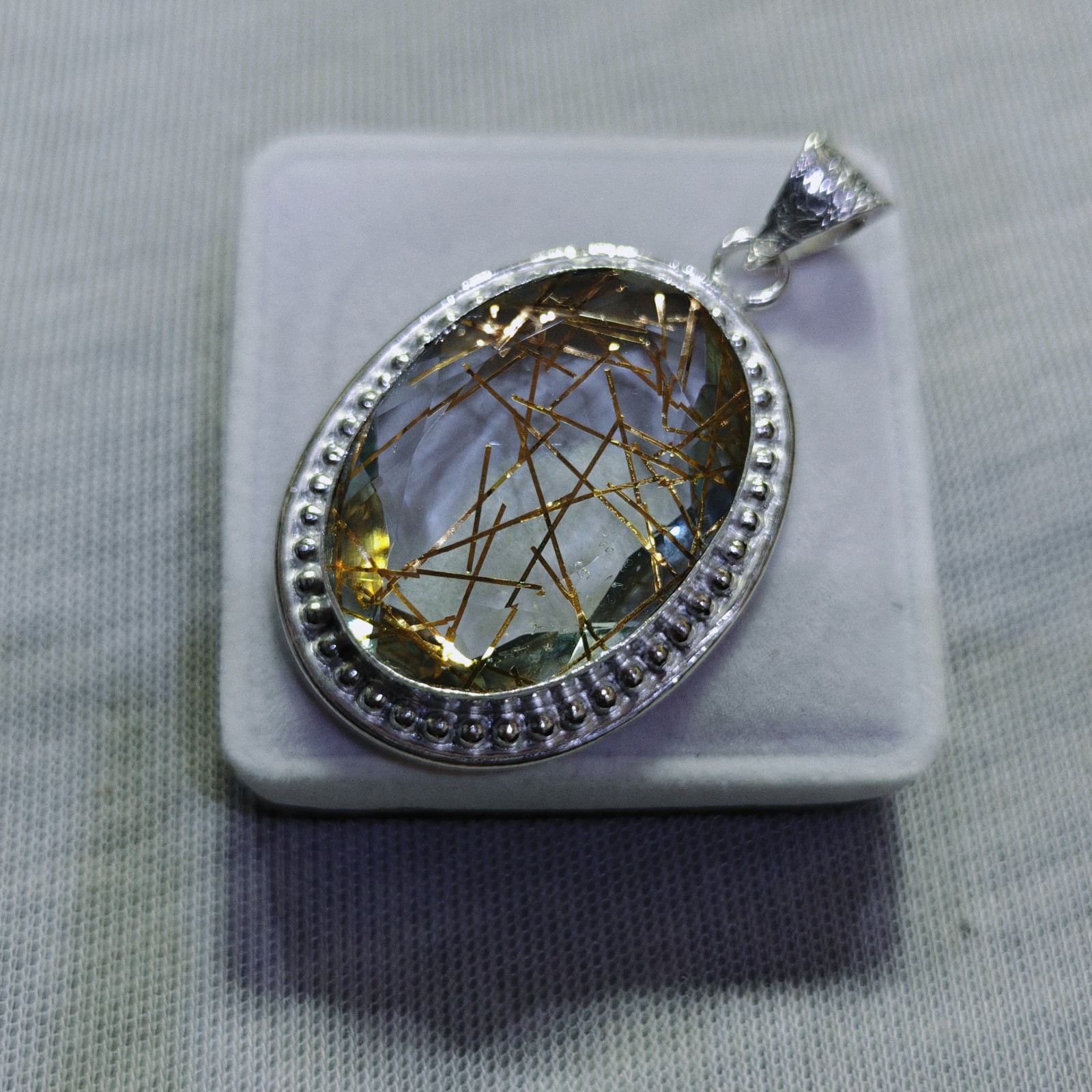 Golden Rutile Quartz Oval Gemstone Pendant Rutile Sterling Silver Pendant Gift