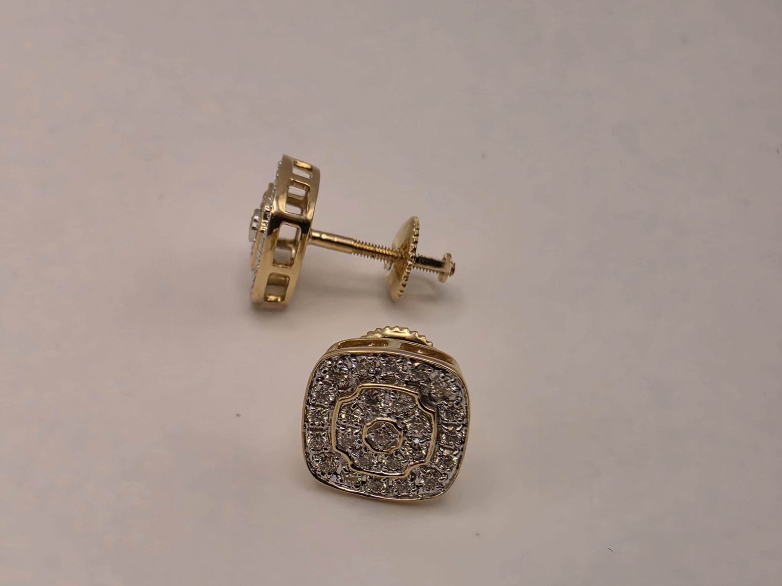 10K Yellow Gold Diamond Cluster Stud Earrings Pave Natural Diamond Square Cushio