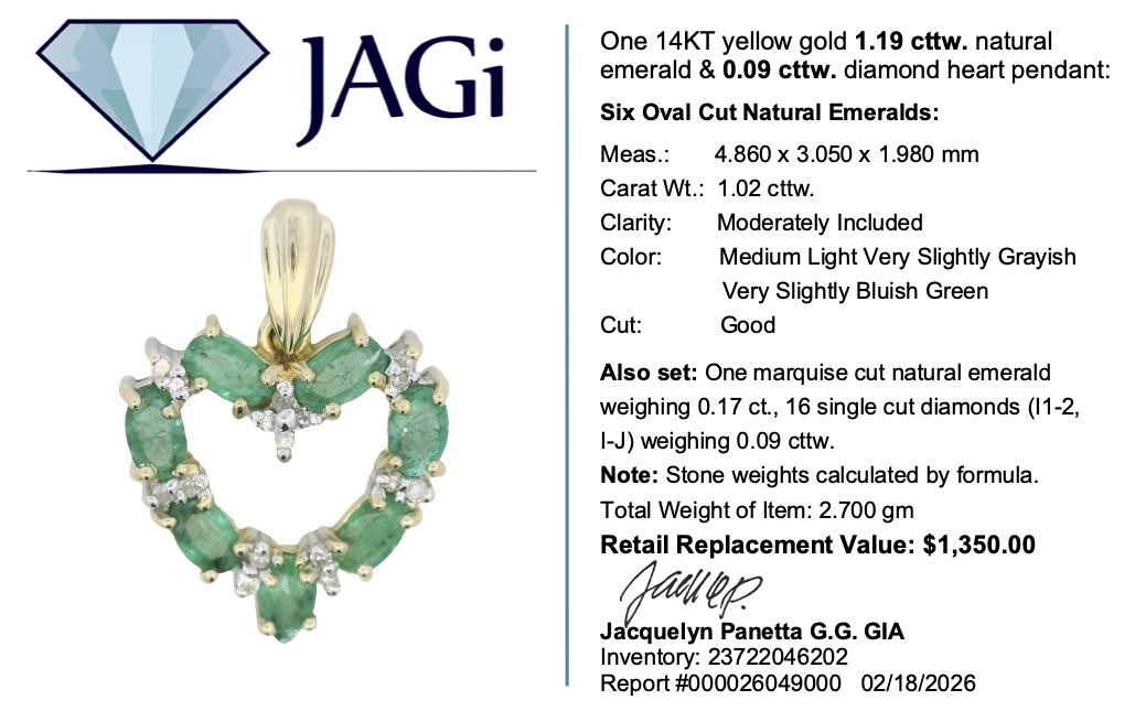 1.28ctw Emerald & Diamond Heart Pendant without Chain 14k Yellow Gold 2.74 Grams