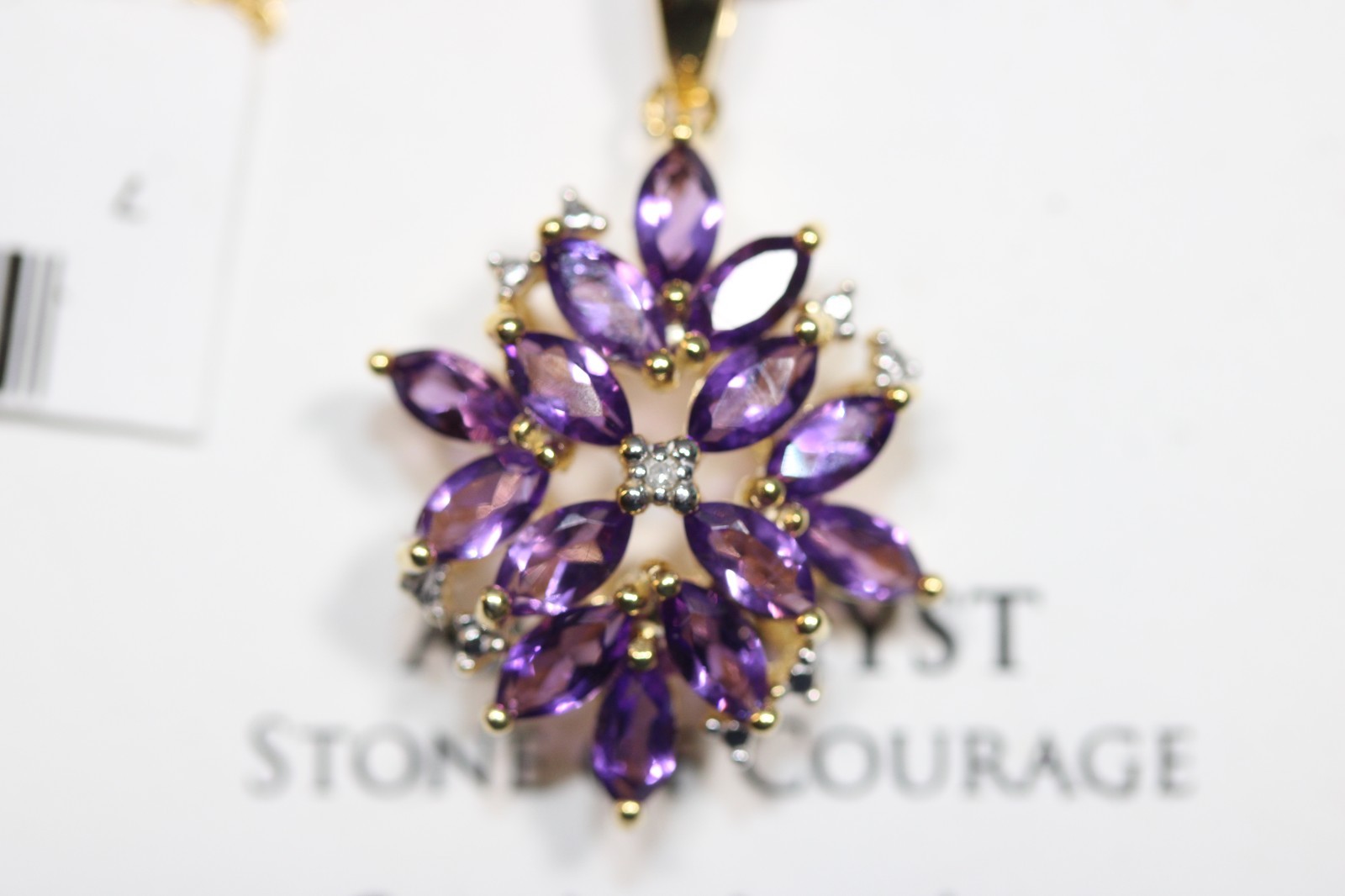 New 18K Gold Cluster Amethyst Diamond Necklace Modern NWT Tear Drop 18″ #121