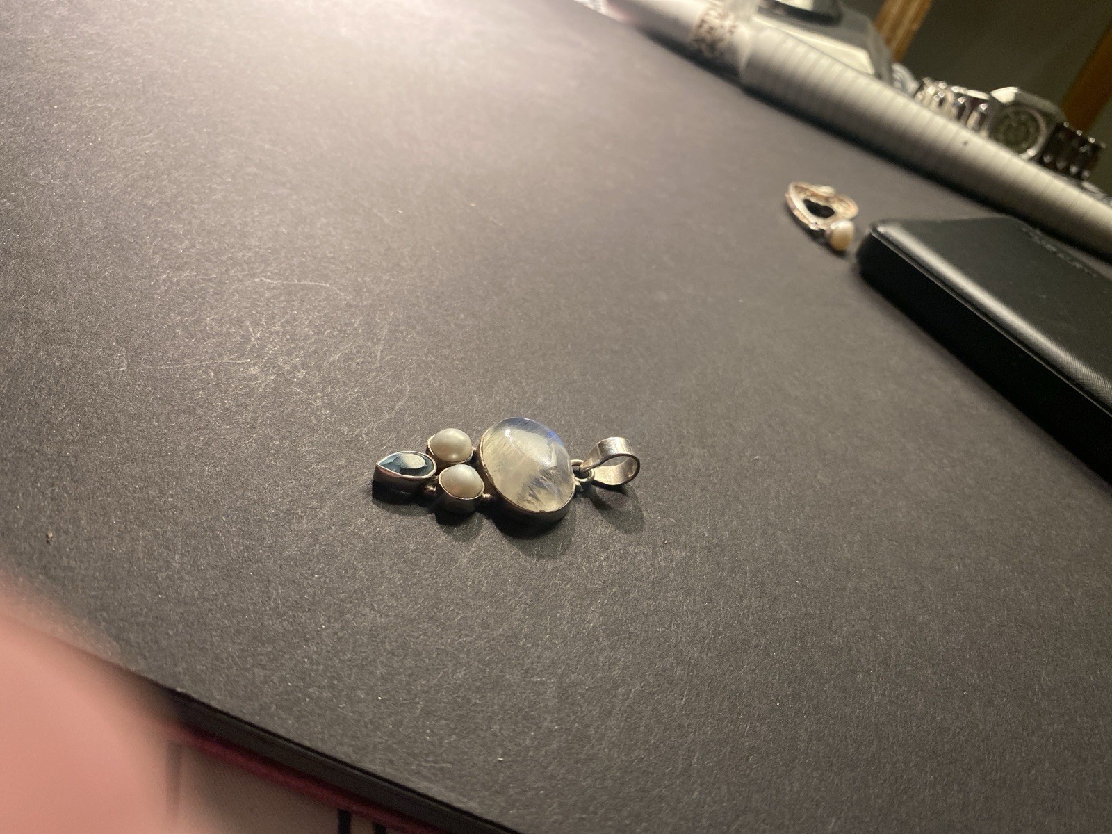 Moonstone, Aqumarine & Cultured Pearl Pendant 925 Silver 4cms Long 7 Grams