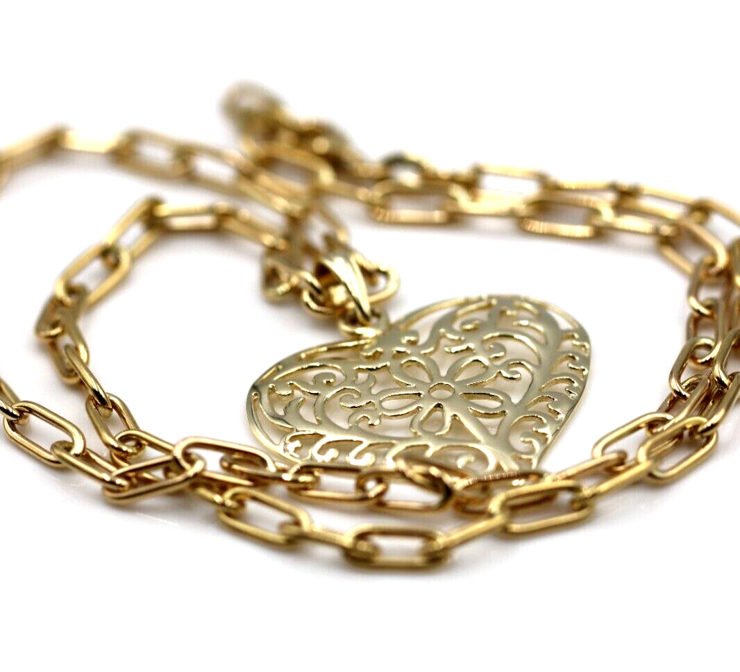 Genuine 9ct Yellow Gold Handmade Paper Clip 45cm Chain + Heart Pendant